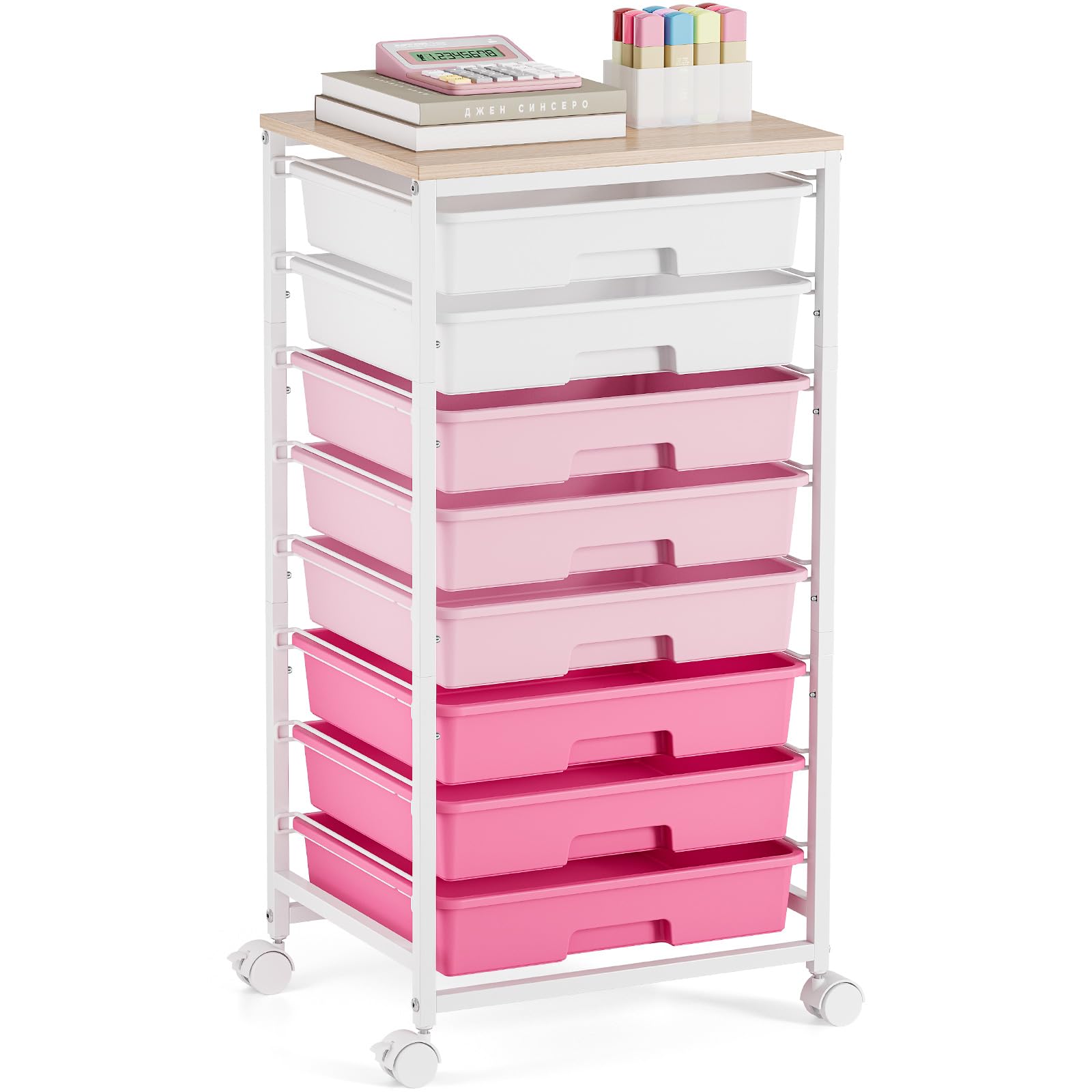 Rolling Cart with Drawers, Pink Cart with 8 Plastic Drawer Storage and Wooden Tabletop, Craft Storage, Teacher Cart, Storage Car