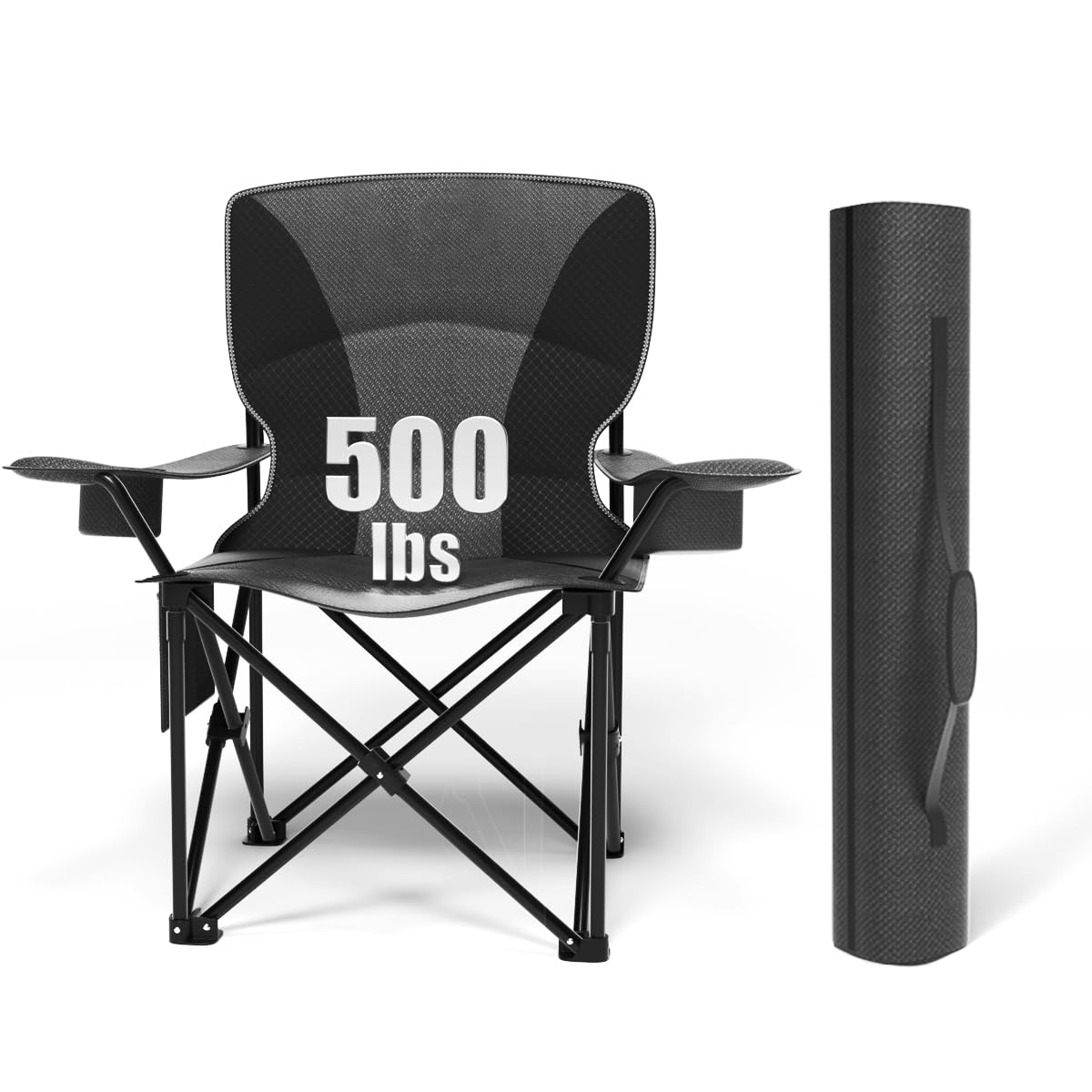 Heavy Duty Folding Chair 500LB Capacity, Oversized Camping Chairs with Cup Holder, Cooler Bag & Storage Pouch, Double-Layer Fabr