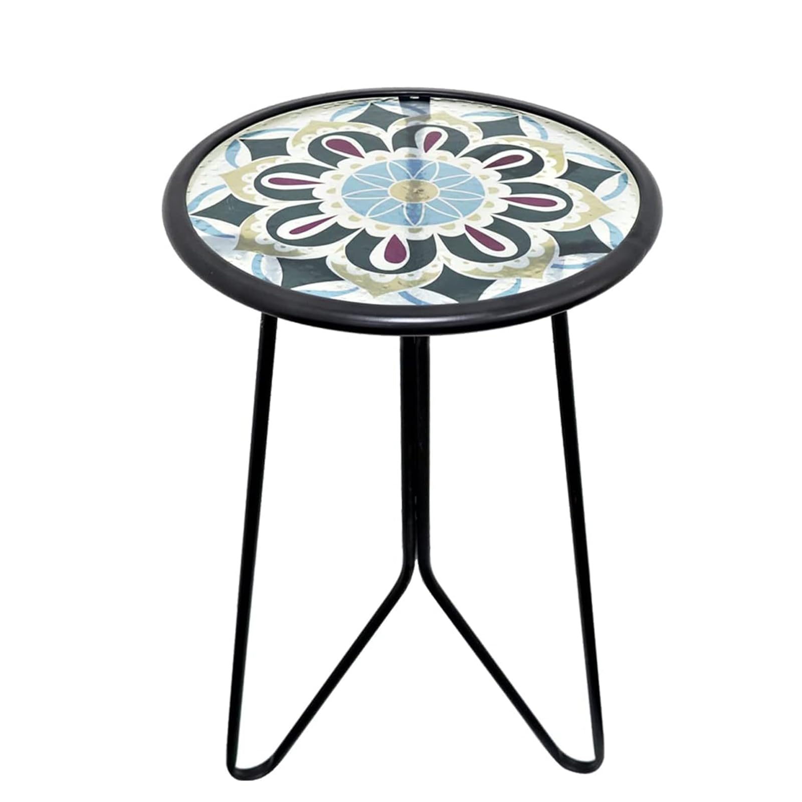 LIFFY Outdoor Side Tables, 12 Weather Resistant Metal & Glass Patio Accent Side Table, Indoor Small Round Home Decorative End Ta