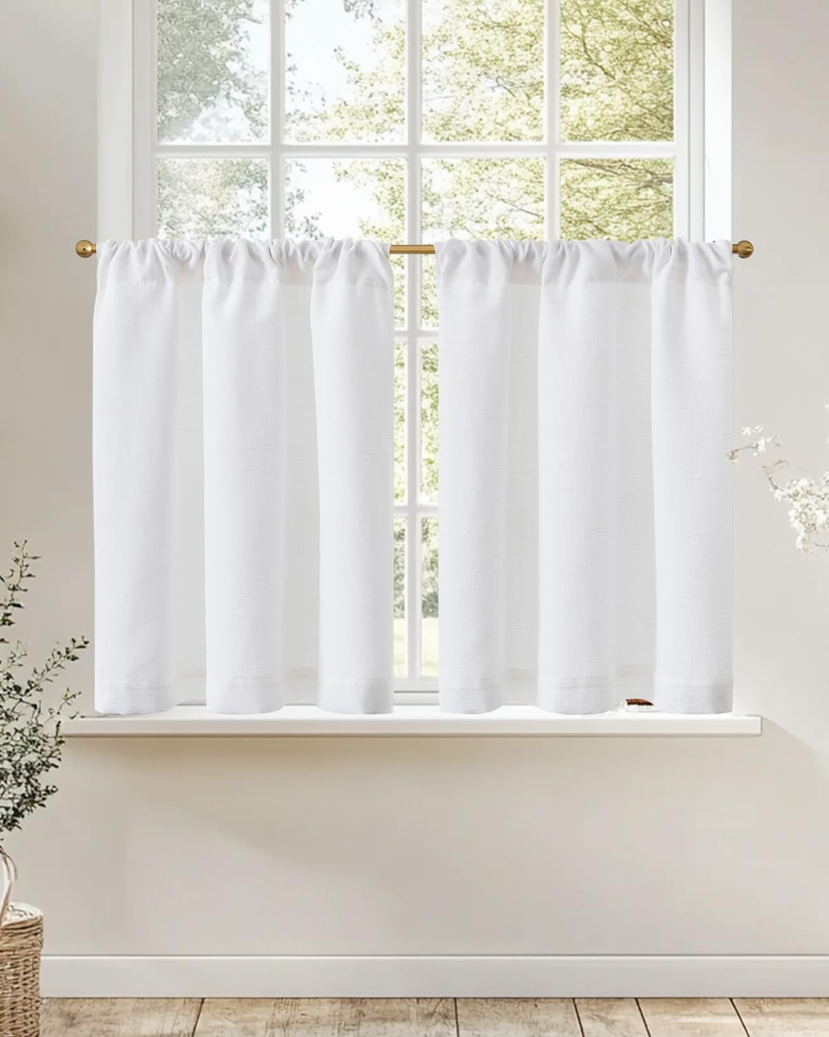 jinchan Linen Kitchen Curtains 45 Inch Rustic Tier Curtains Farmhouse Rod Pocket Cafe Small Window Drapes with Lined Flax Countr