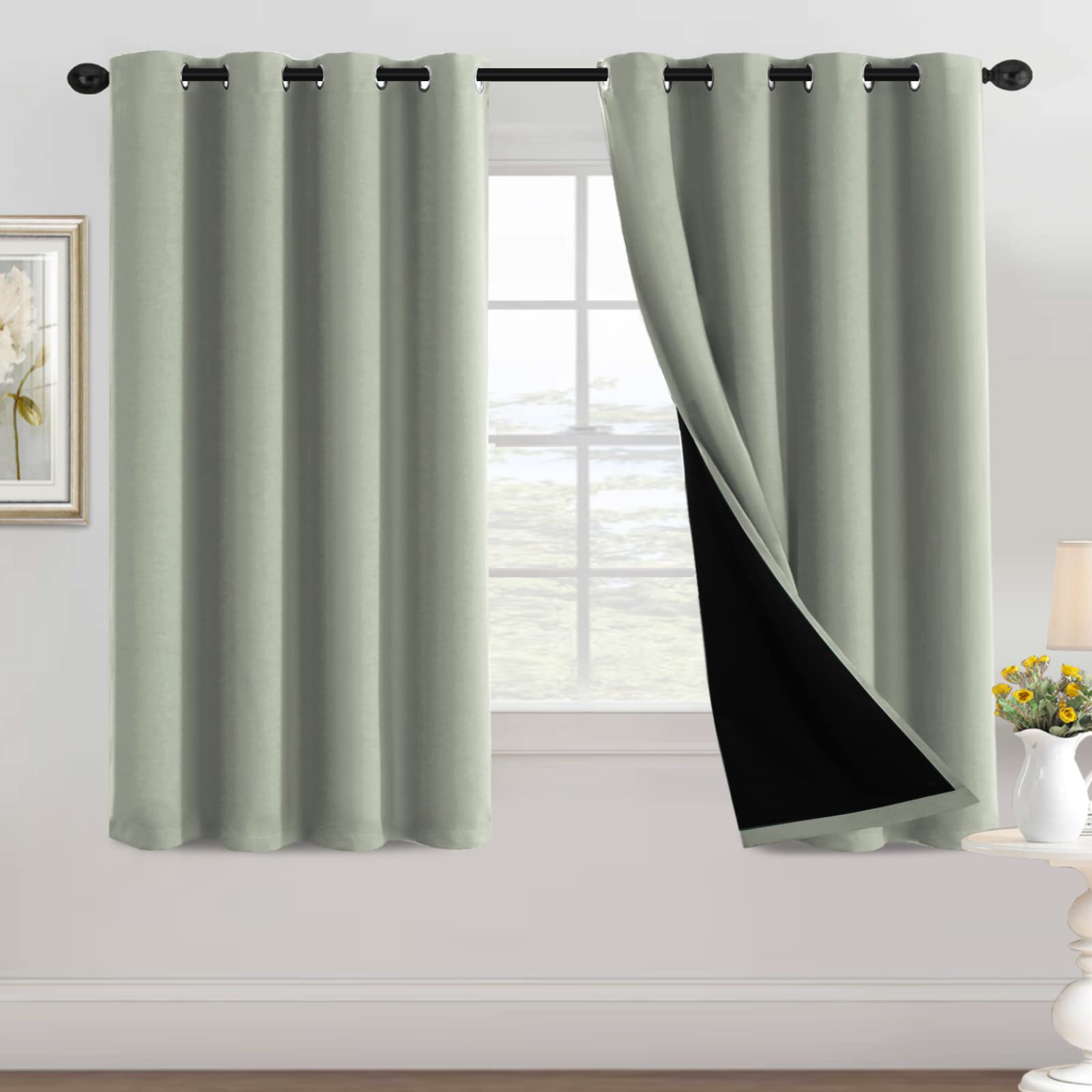 H.VERSAILTEX 100% Black Out Curtains for Bedroom 63 inch Long Blackout Curtains for Living Room, Short Curtains for Windows, Ene