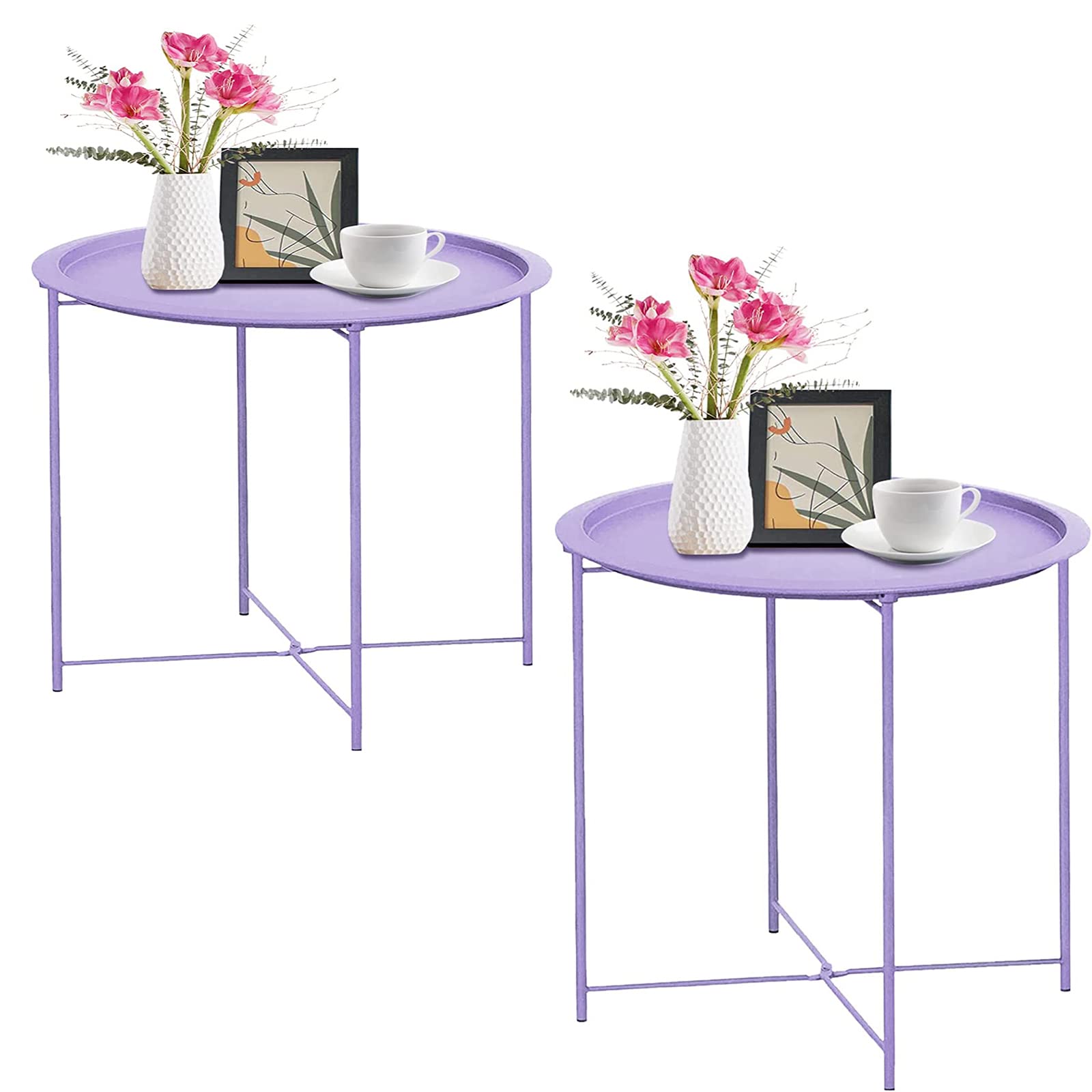 Garden 4 you End Table 2 PCS Metal Side Table Purple Round Folding Tray Cyan Sofa Small Accent Fold-able Table, Round End Table 