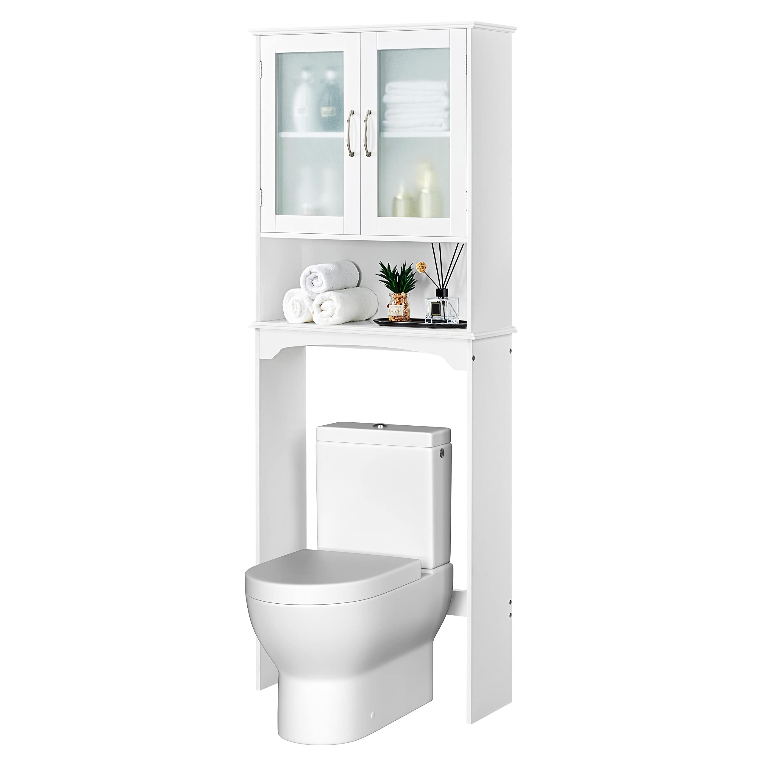 Yaheetech Over The Toilet Storage Cabinet with Double Tempered Glass Doors and Adjustable Shelf, Freestanding Bathroom Storage R