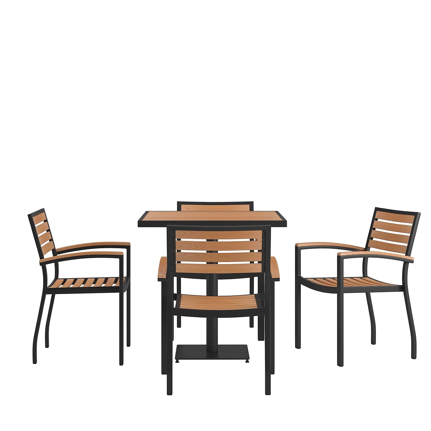 Flash Furniture 5 Piece Patio Dining Table Set - Indoor/Outdoor Black Steel Framed 30 Square Faux Teak Table - 4 Stacking Club C