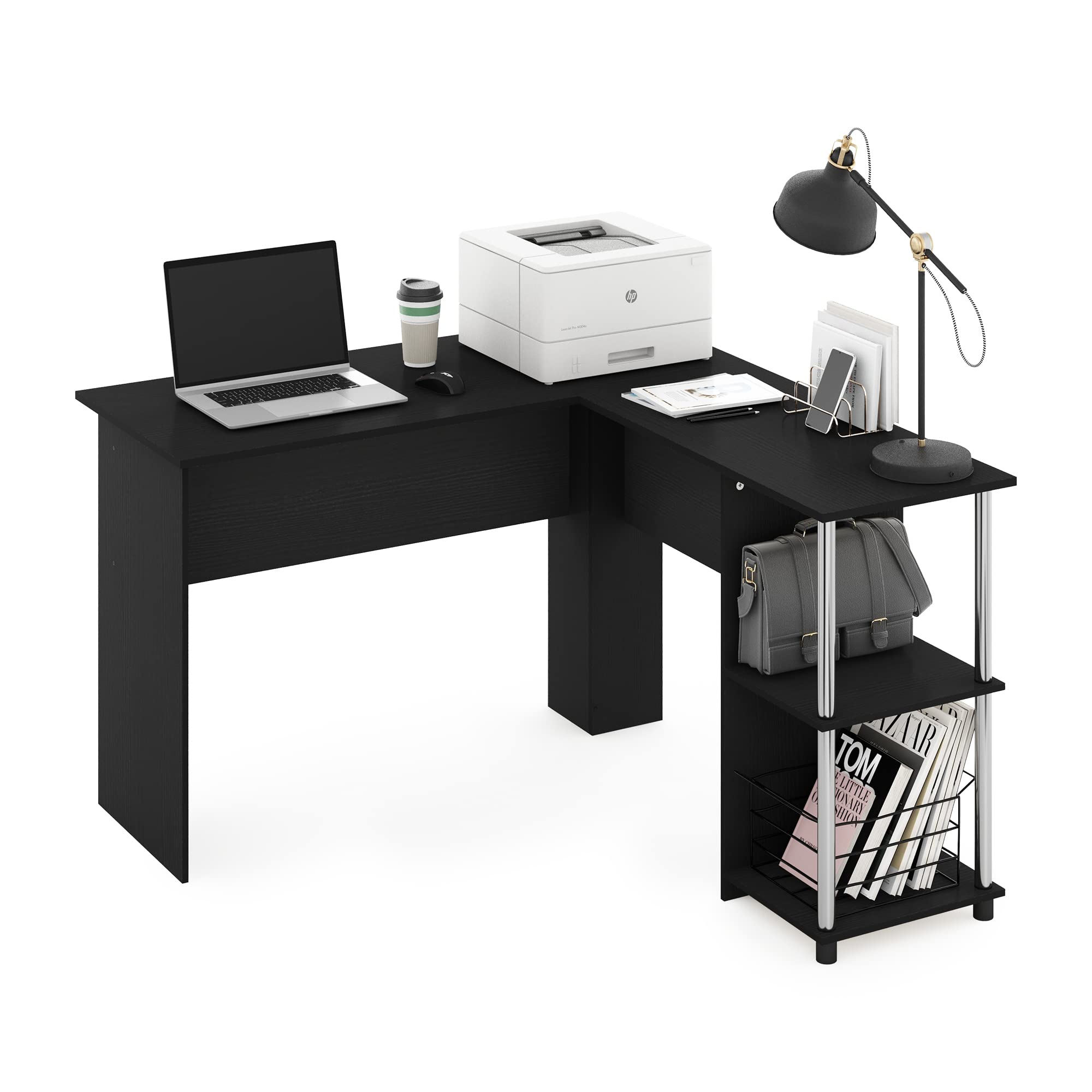 Furinno Abbott L-Shape Computer Desk with Stainless Steel Tubes Bookshelf, Americano/Chrome