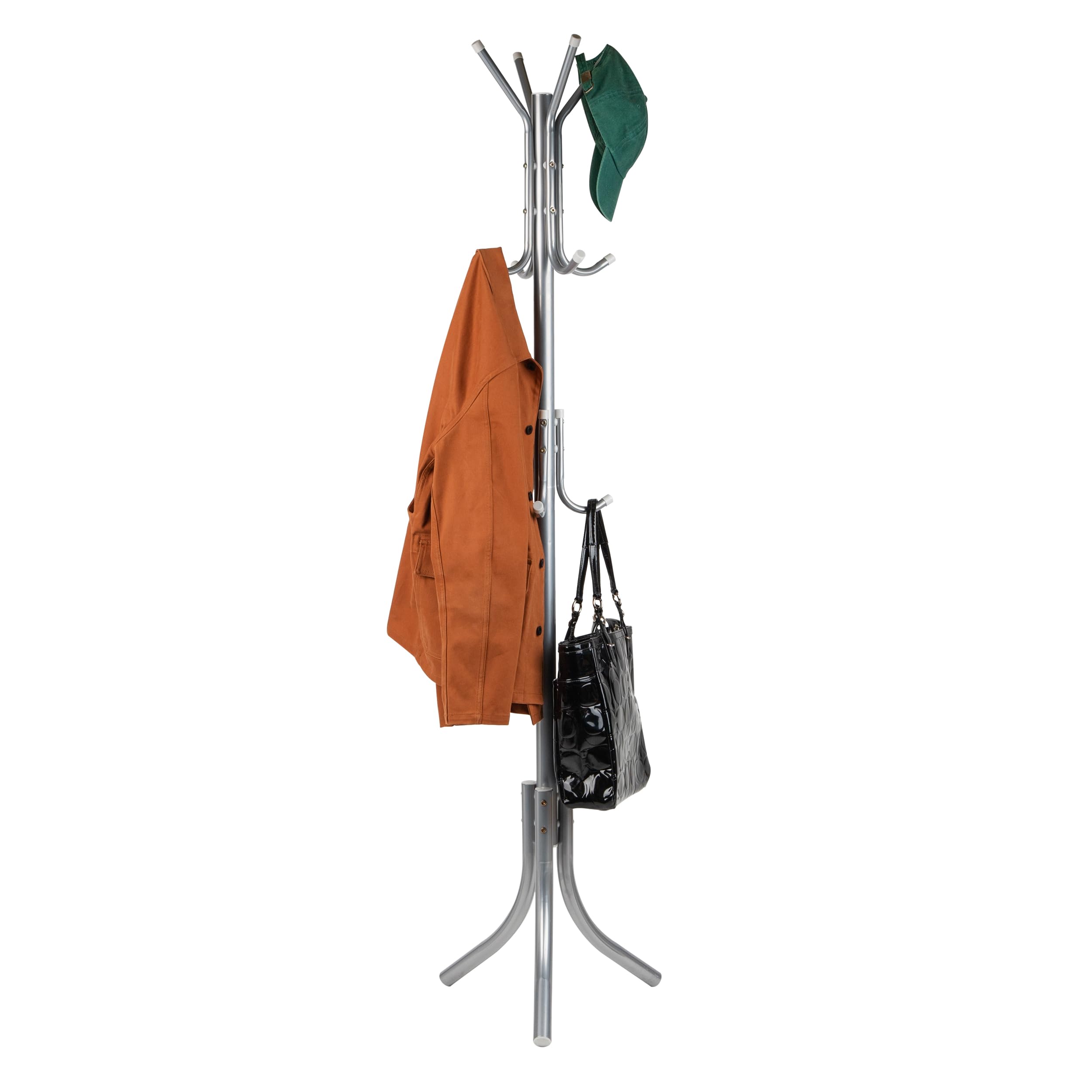 Mind Reader Coat Rack, Hall Tree, Freestanding Organizer, Coat Tree, Hat, Jacket, Purse, Metal, 18 L x 18 W x 68.5 H, Silver