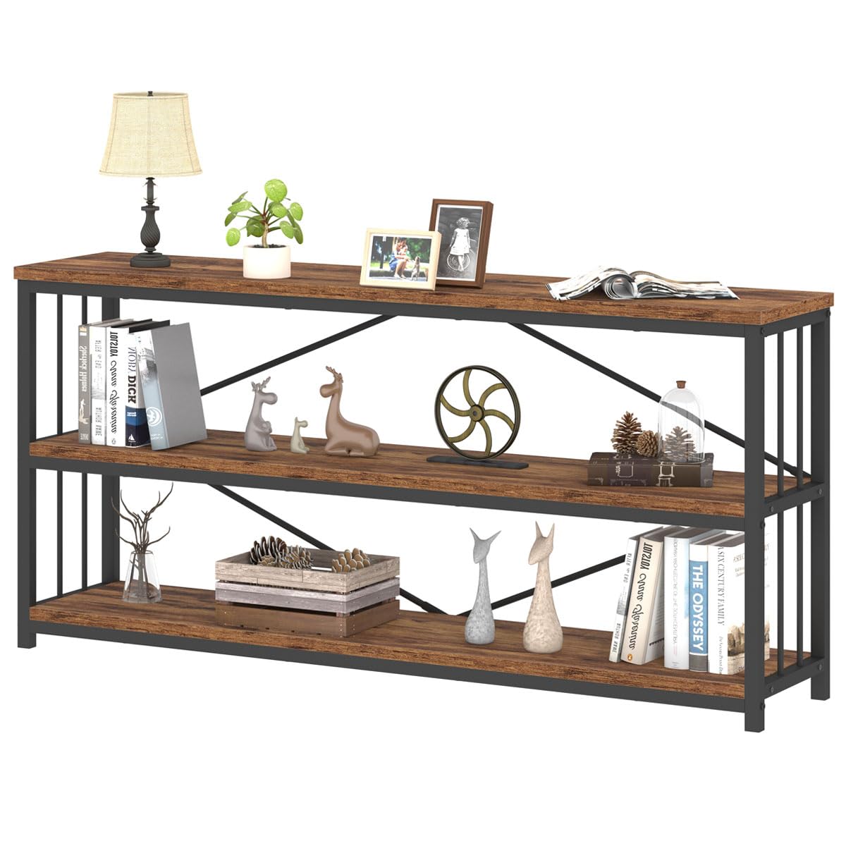IBF Low Rustic 3 Tier Bookshelf, Industrial Horizontal Wood Bookcase, Farmhouse Long Wide Open Metal Etagere, Modern Large Vinta