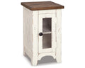 Signature Design by Ashley Wystfield Farmhouse Chair Side End Table with Cabinet Door for Storage, White & Brown with Distressed