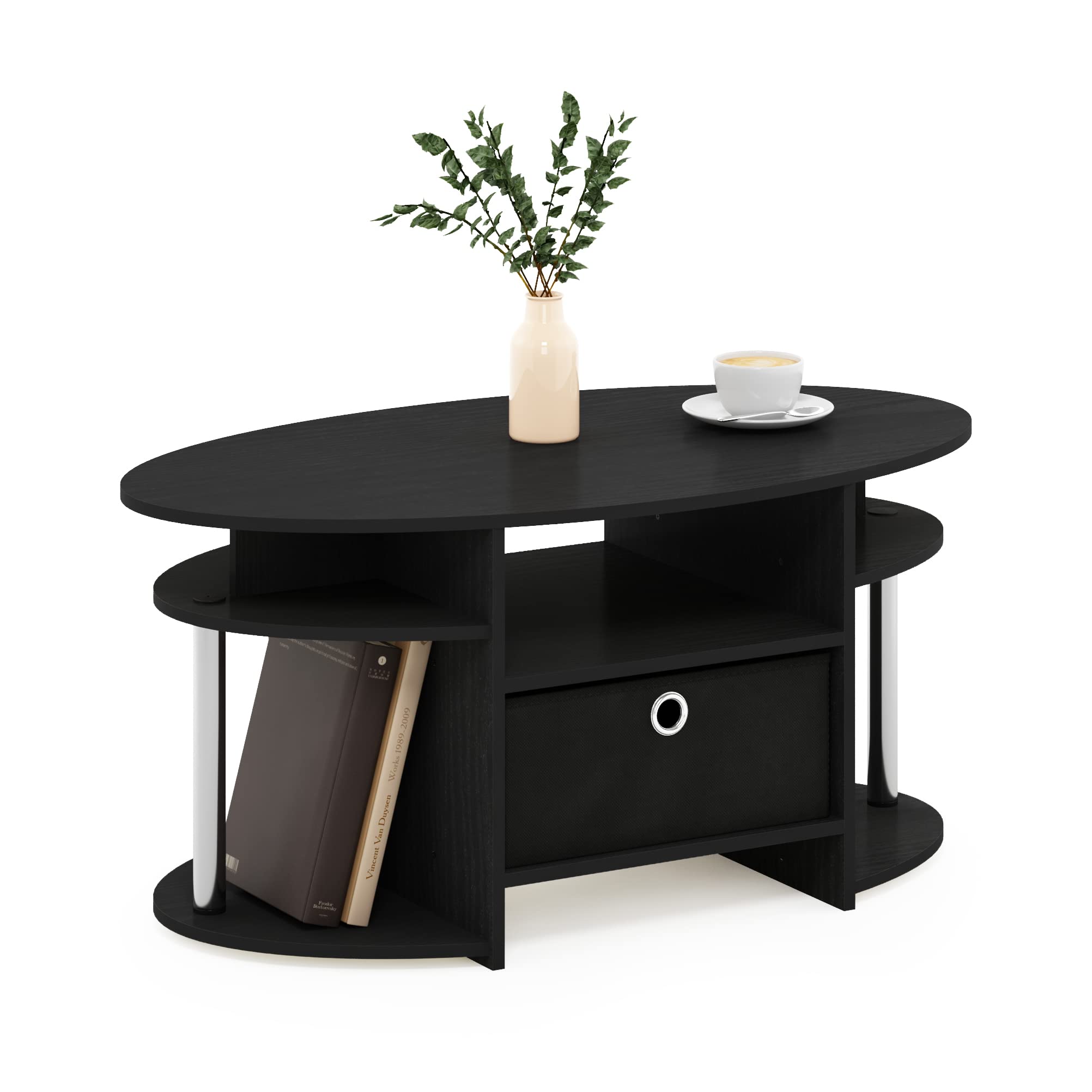 Furinno Jaya Simple Design Oval Coffee Table with Bin for Living Room, Americano/Chrome/Black