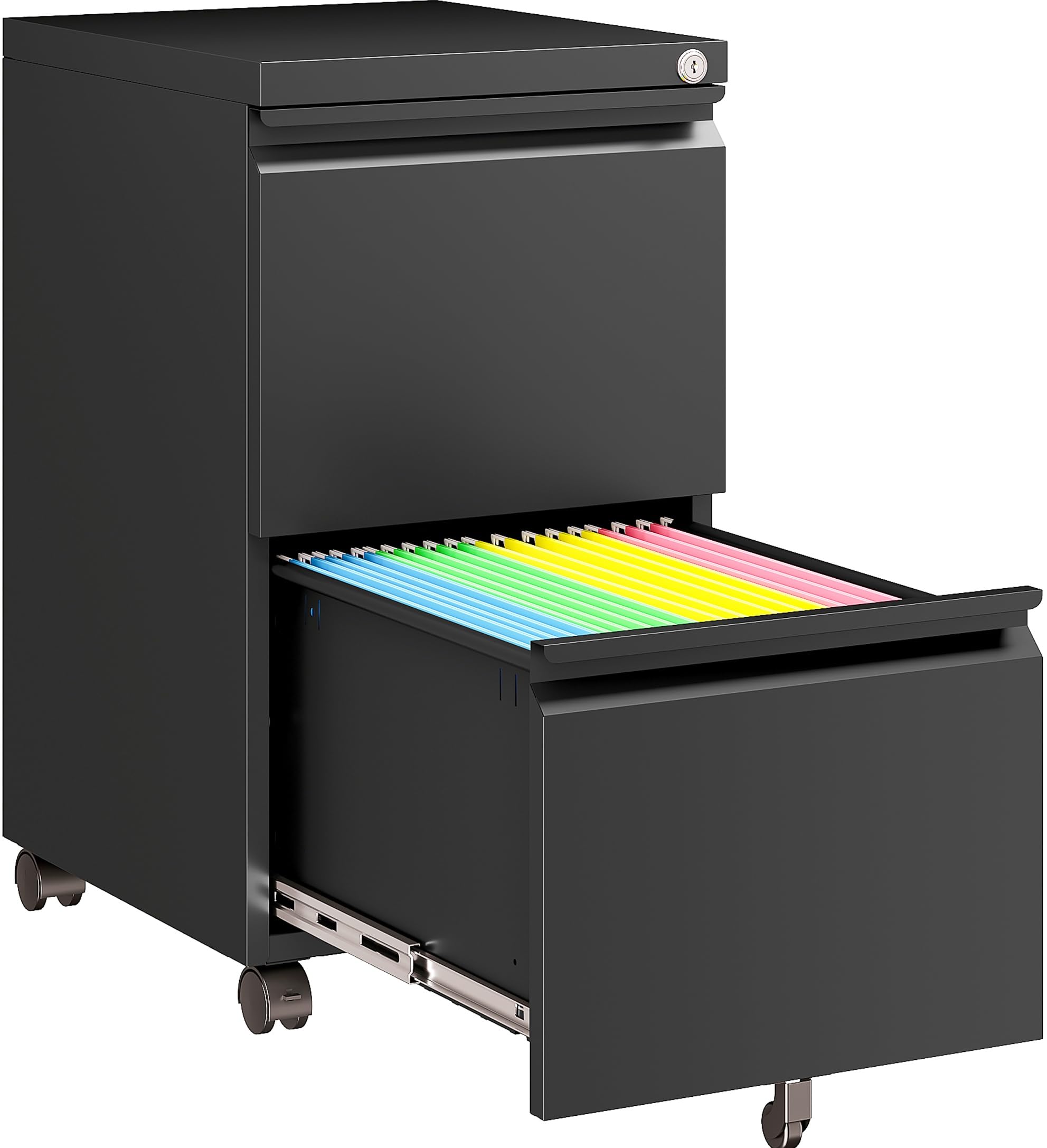 SISESOL Assembled 2 Drawer File Cabinet on Wheels,Metal Filing Cabinet with Lock,Black Rolling File Cabinets,Under Desk Office C