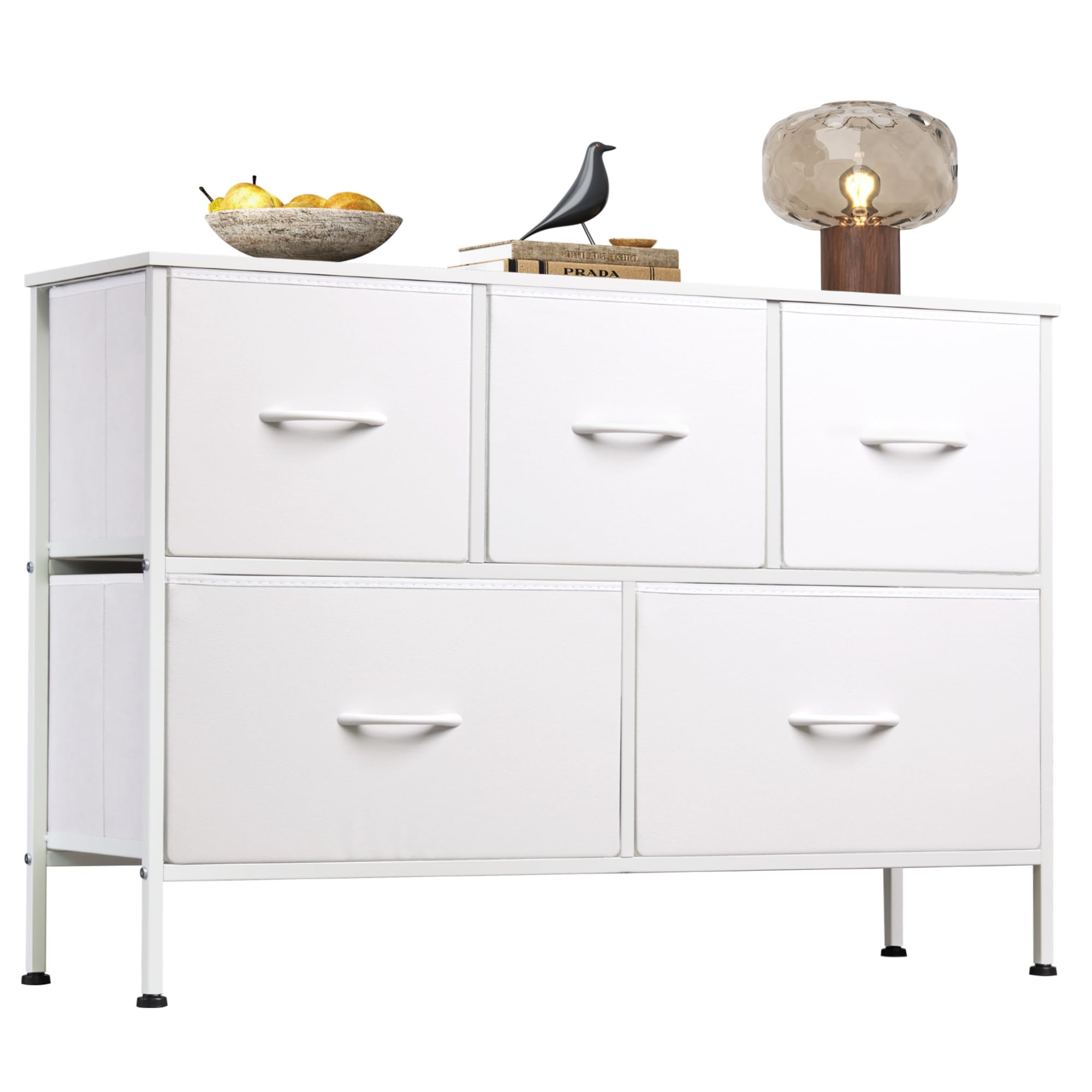 WLIVE White Dresser for Bedroom with 5 Drawers, Chest of Drawers, Fabric Small Dresser with Drawer Organizers, Storage Organizer