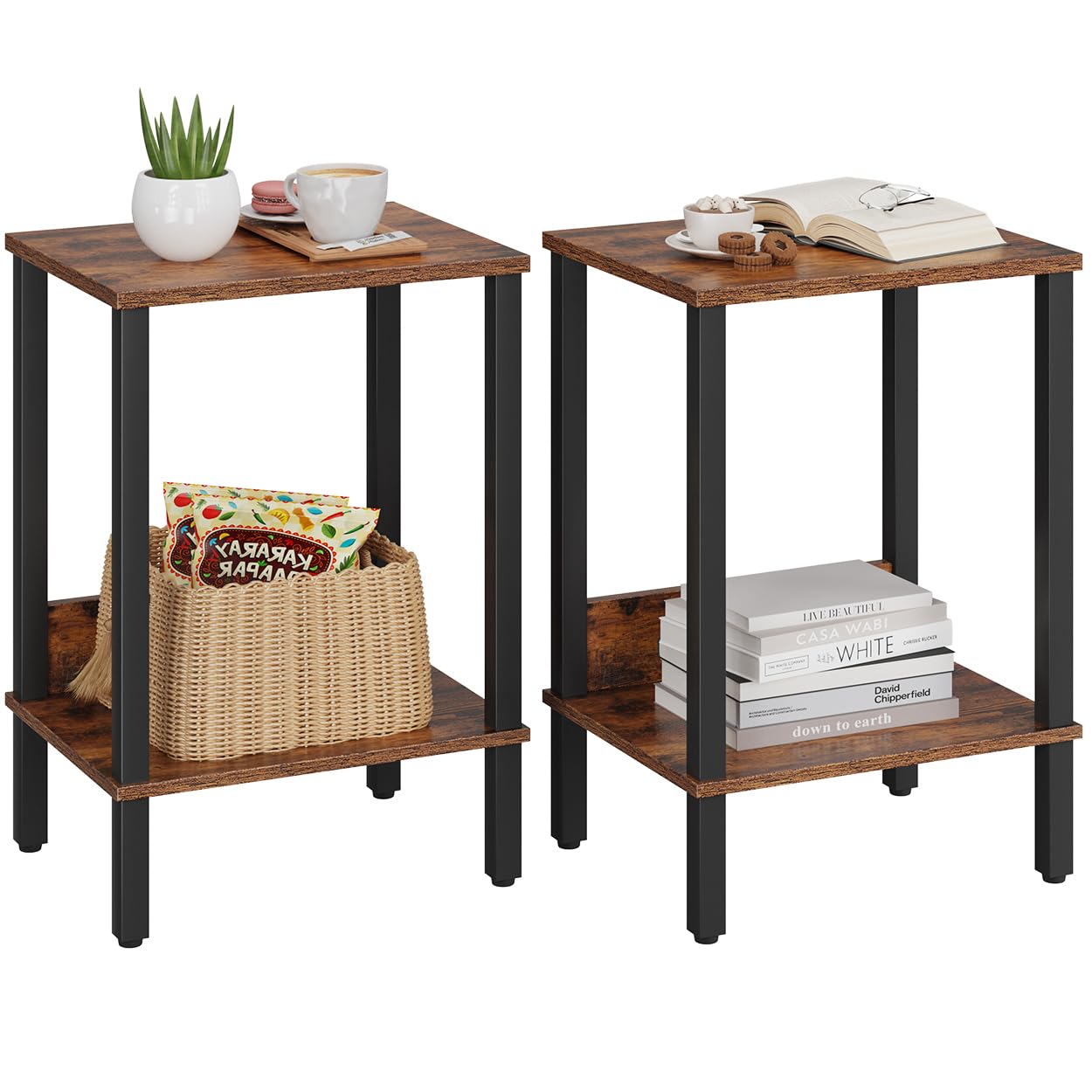 End Table, Side Table, Set of 2, Nightstands with 2-Tier Storage Shelves, Sofa Table for Small Space, Coach Table for Living Roo