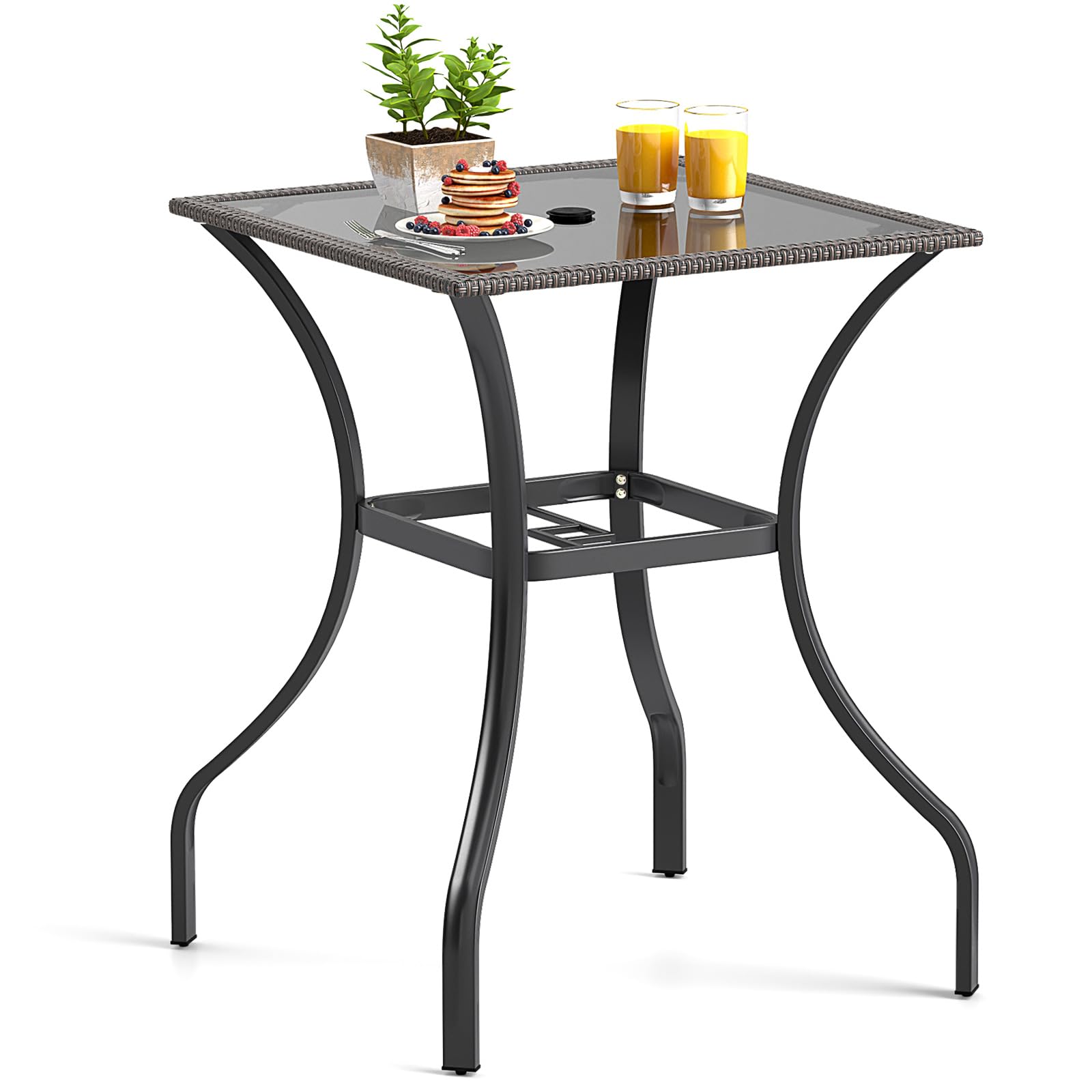 S AFSTAR 37    Height Bistro Table with Umbrella Hole, Tempered Glass Top & Wicker Covered Edge, Counter Height Square Outdoor B