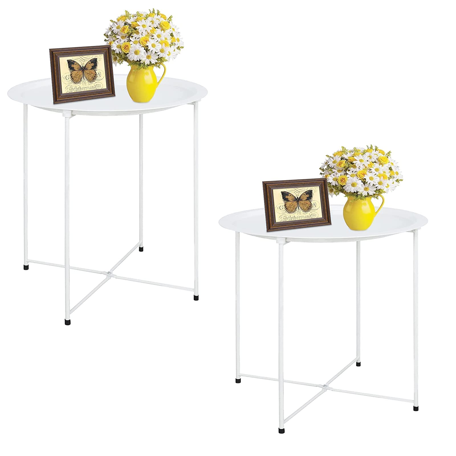 Garden 4 you Folding Tray Metal Side Table 2PC White Round End Table Cyan Sofa Small Accent Fold-able Table, Round End Table Tra