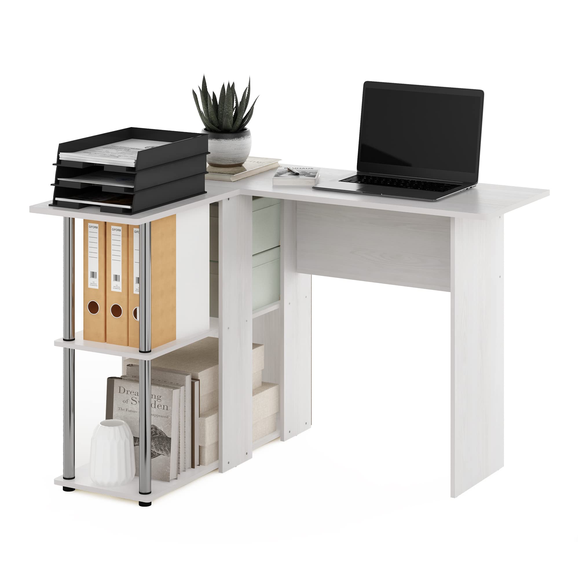 Furinno Abbott L-Shape Desk with Bookshelf, White Oak/Chrome