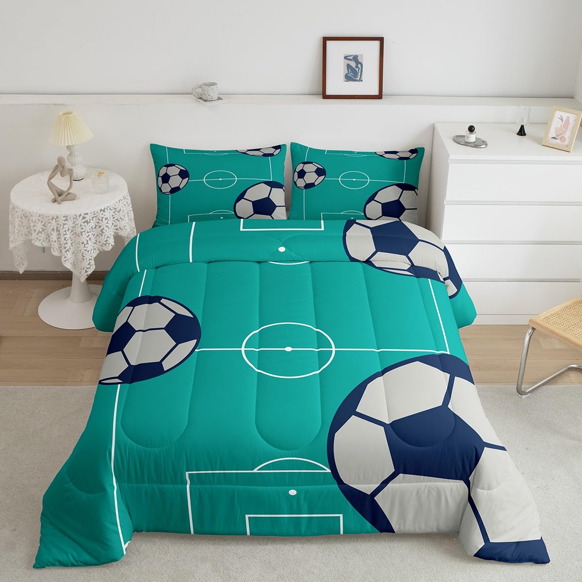 jejeloiu Football Comforter Set Twin Size Kids Football Court Comforter for Boys Girls Teens Sports Theme Bedding Set Breathable