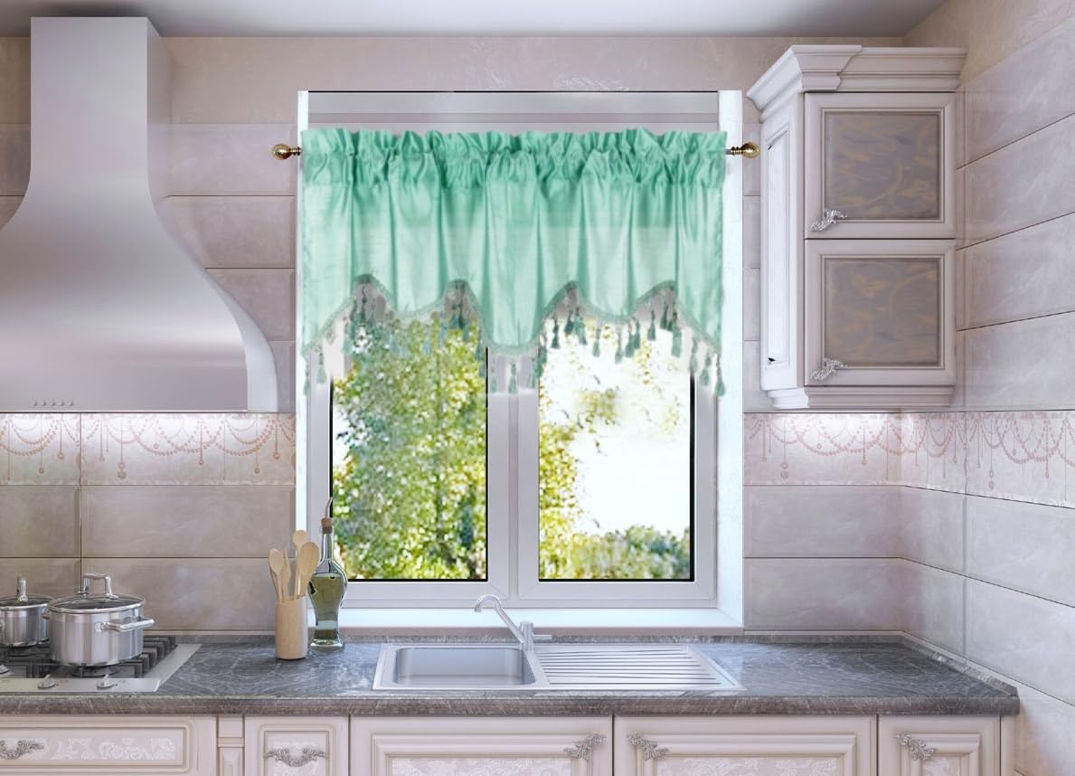Solid Faux Silk Swag Waterfall Cascade Ascot Window Curtain Valance w/Tassels Trim 55  x18  Wave (1, Mint Green)