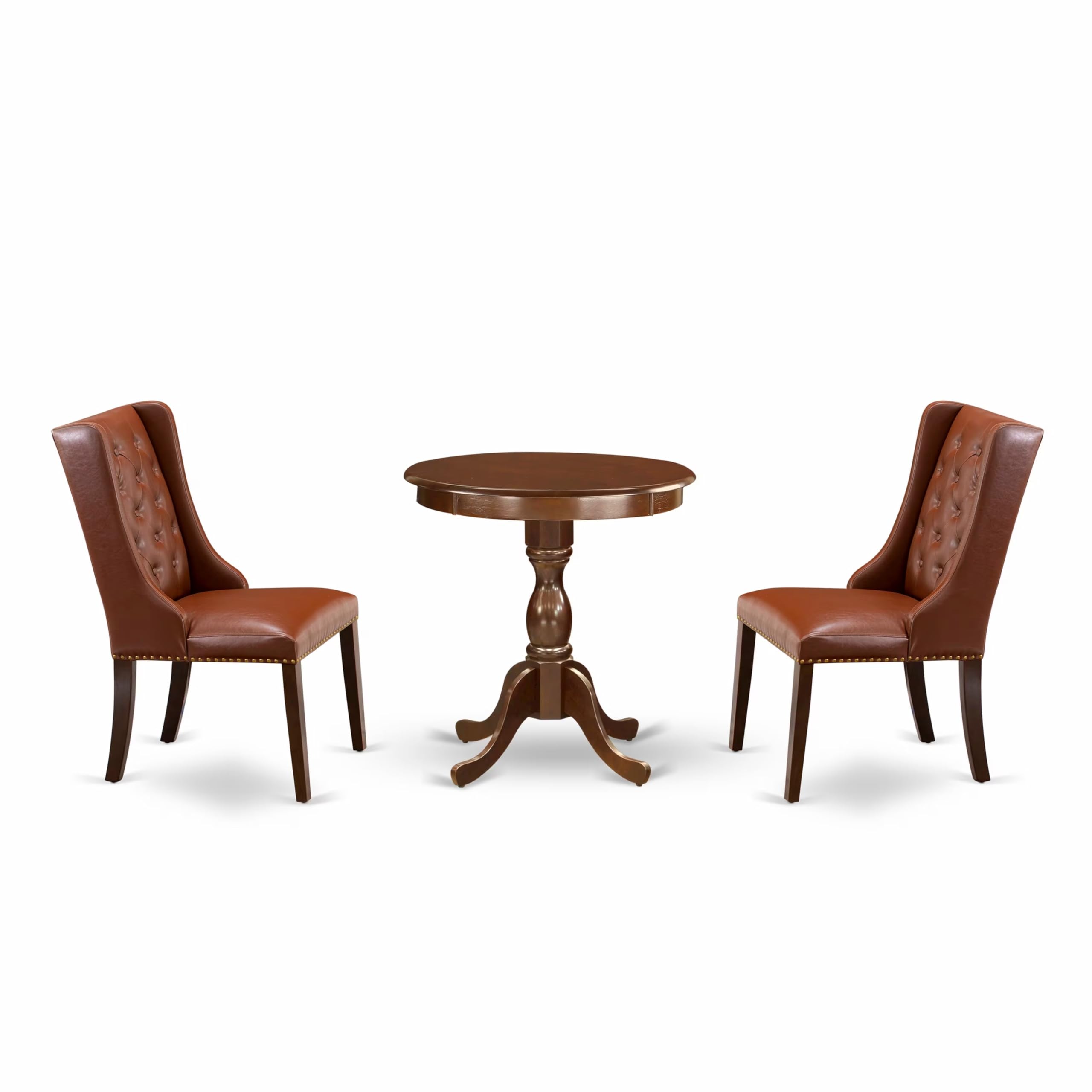 East West Furniture ESFO3-MAH-46 3 Piece Dinette Set for Small Spaces Contains a Round Dining Table with Pedestal and 2 Brown Fa