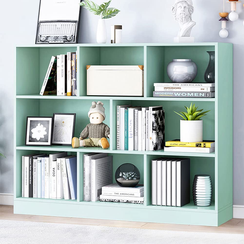 IOTXY Open Shelf Low Bookcase - Wooden 3-Tier Floor Standing Display Cabinet Organizer with Base, 8 Cubes Short Horizontal Books