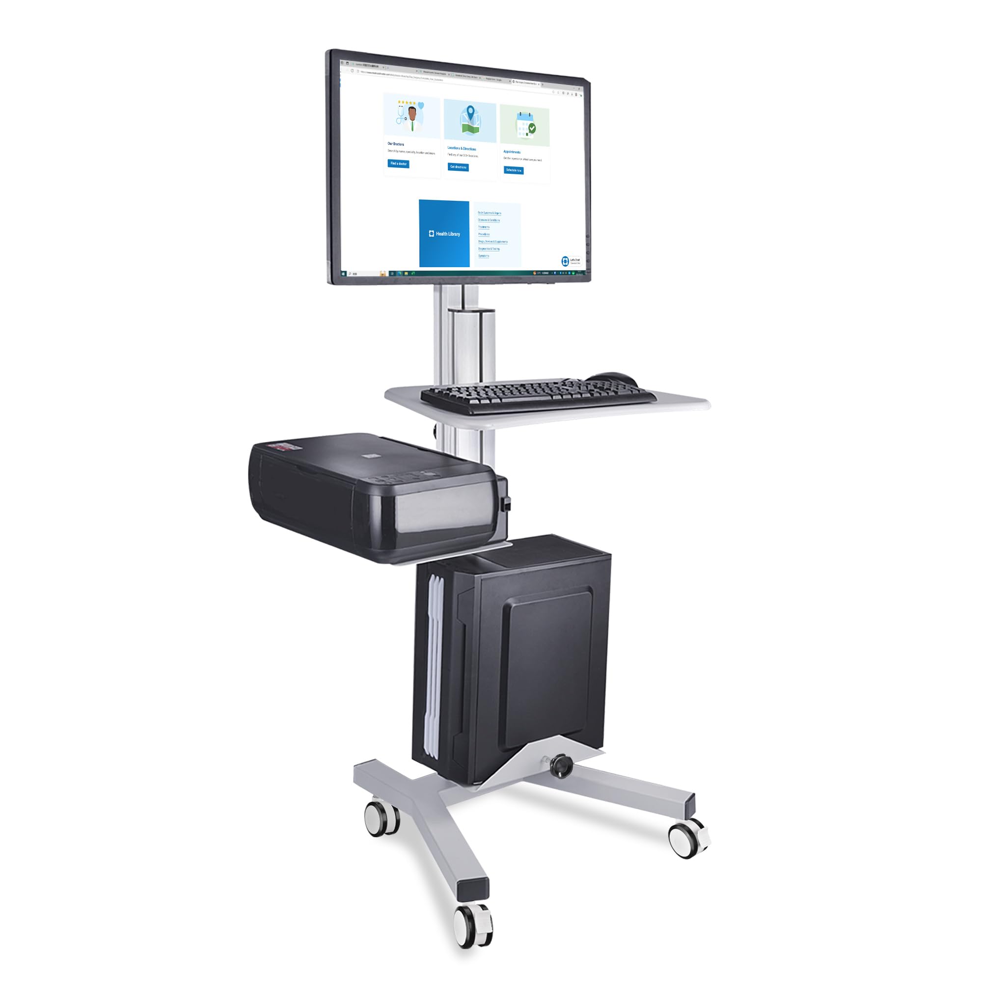 AW Mobile Computer Cart Rolling PC Desk Workstation on Wheels with Monitor Mount Adjustable Keyboard Mouse Tray CPU Printer Hold