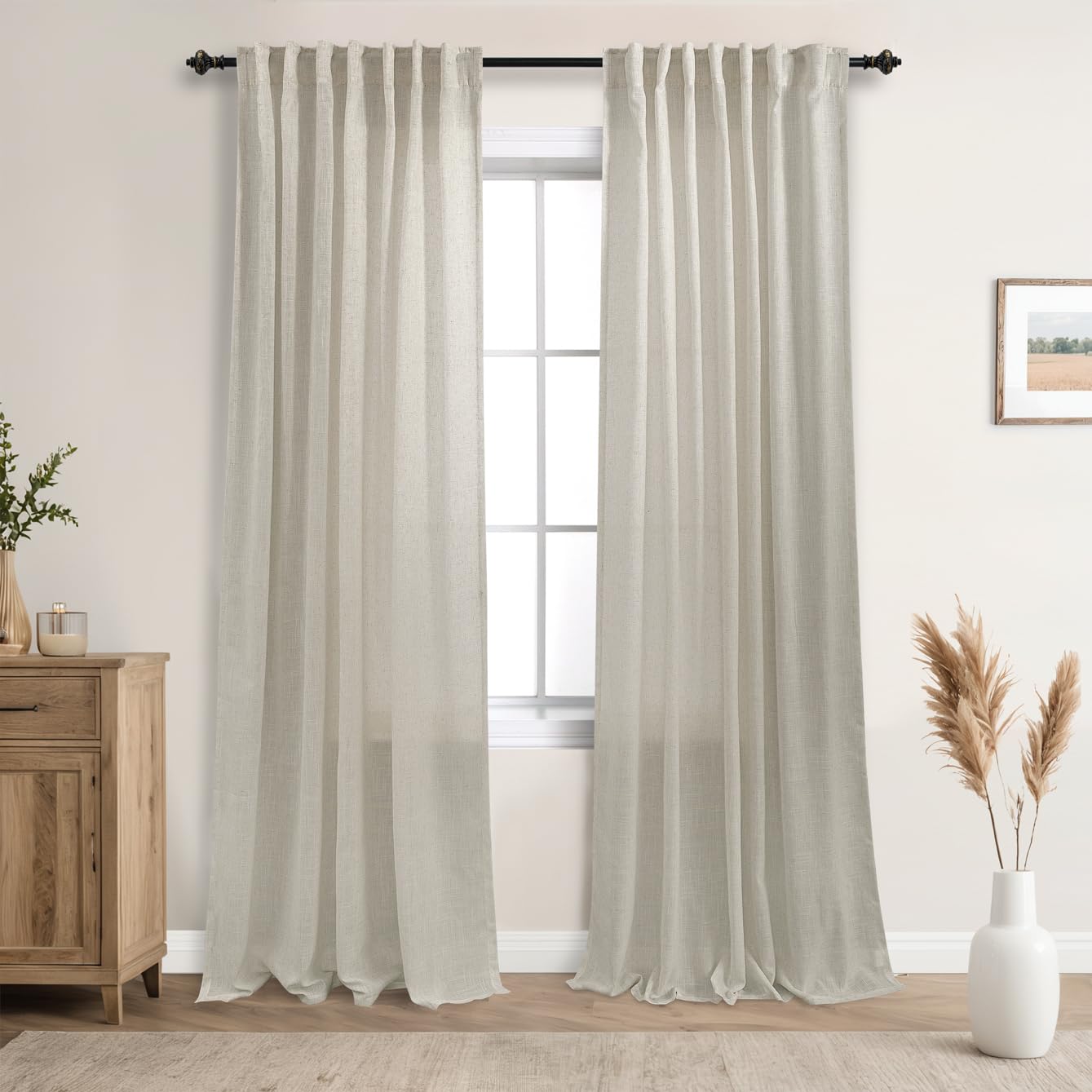 Mrs.Naturall Tan Curtains 84 Inches Long for Living Room,Rustic Farmhouse Country Semi Sheer Gauze Canvas Flax Linen Beige Curta