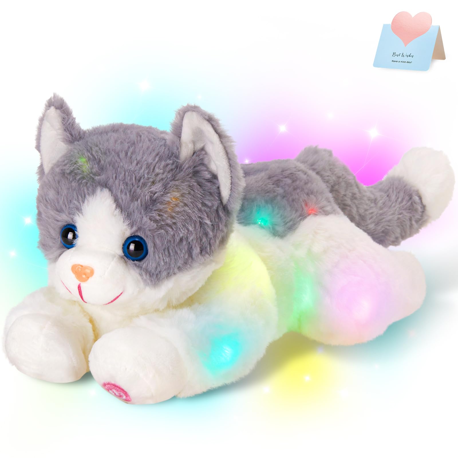 Houwsbaby 15 Gray Light up Kitty Stuffed Animal Cat Floppy LED Plush Toy Kitten Night Lights Glow Pillow Birthday Festival Chris