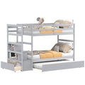 KOMFOTT Wood Twin Over Twin Bunk Bed with Trundle & Storage Stairs, Bunk Bed Frame with Protective Guardrails for Kids Room, Bed