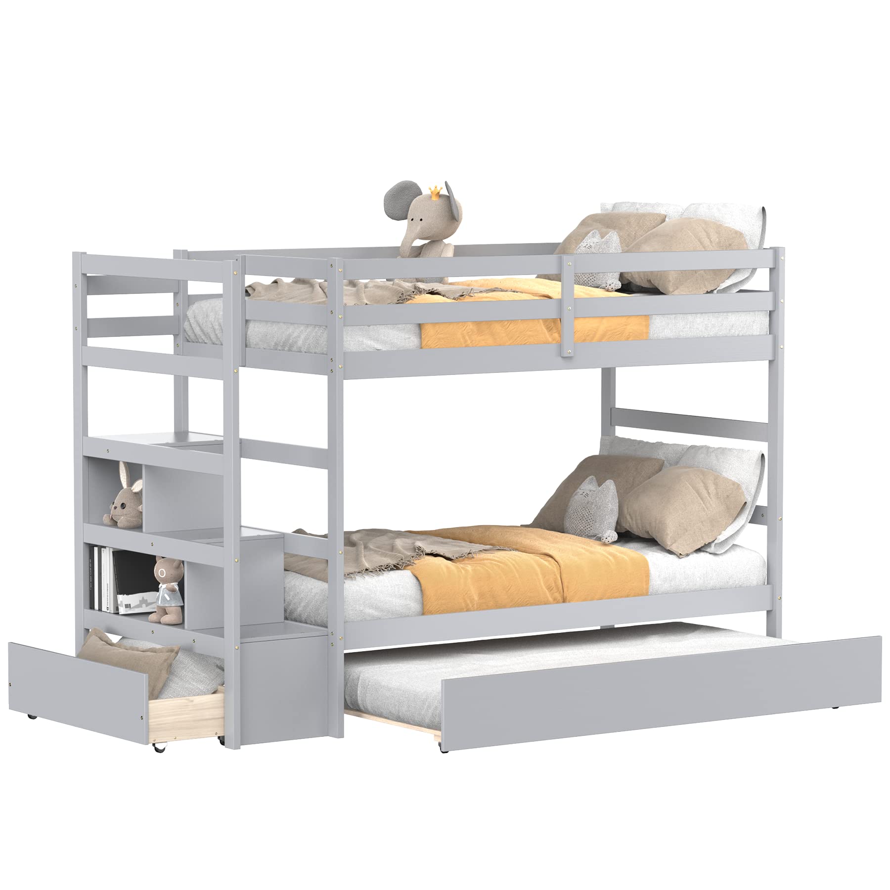 KOMFOTT Wood Twin Over Twin Bunk Bed with Trundle & Storage Stairs, Bunk Bed Frame with Protective Guardrails for Kids Room, Bed