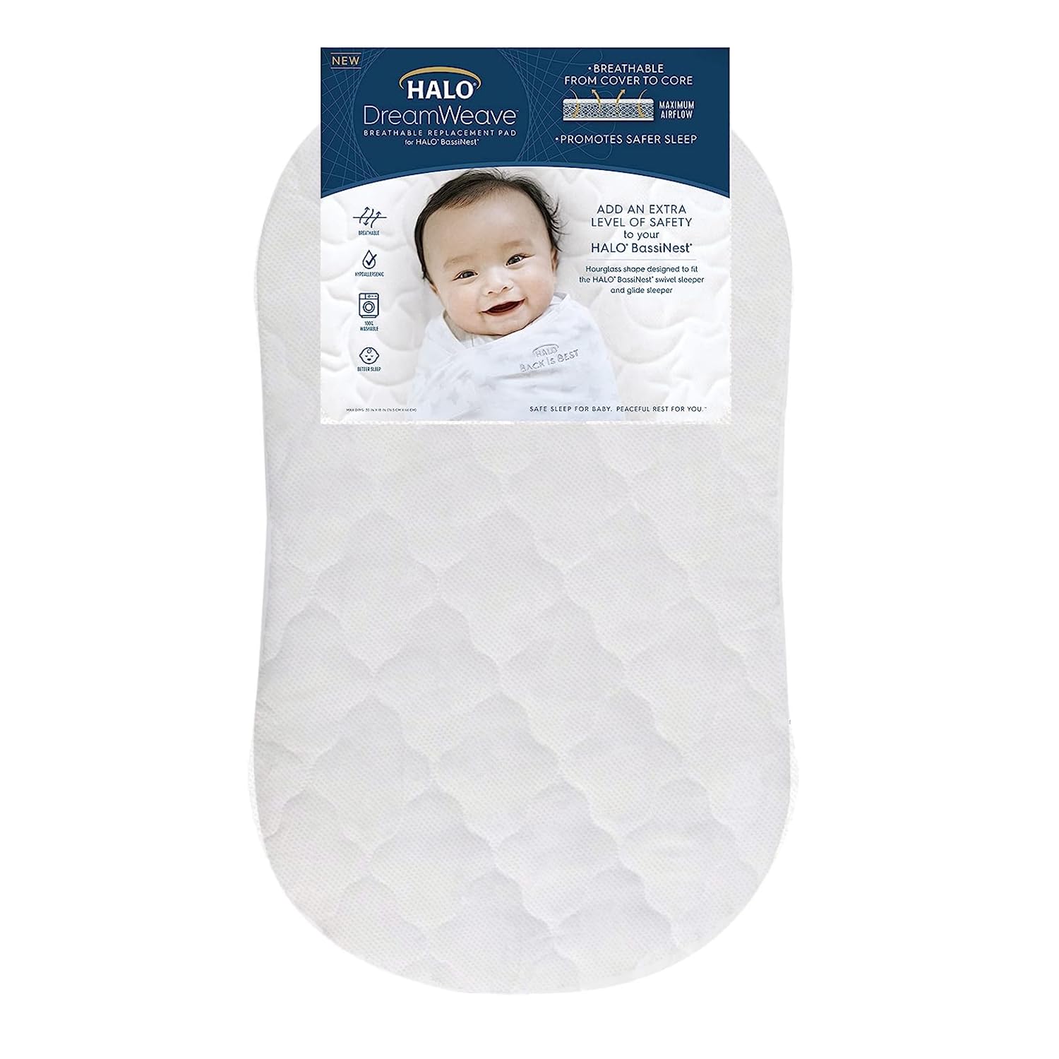 HALO DreamWeave Breathable Mesh BassiNest Mattress Replacement Pad - 100% Machine Washable Cover - Hypoallergenic, Non-Toxic Mat