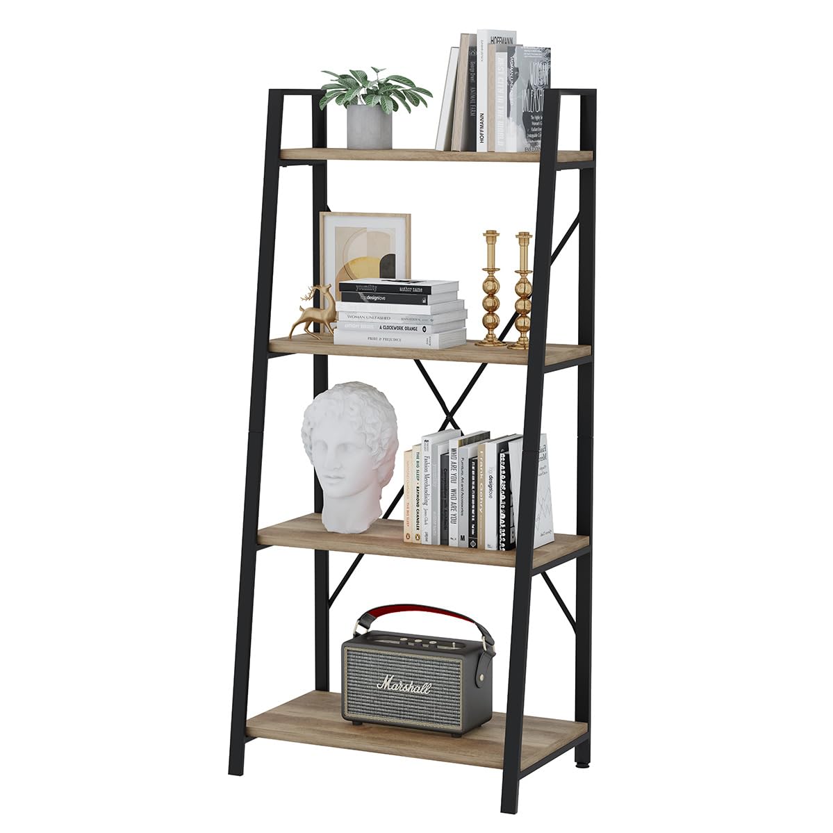 BON AUGURE Farmhouse Ladder Shelf Bookcase, 4 Tier Rustic Ladder Bookshelf, Standing Leaning Book Shelves for Living Room (Vinta