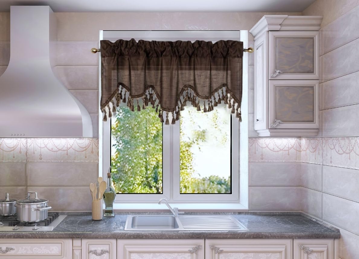 Solid Faux Silk Swag Waterfall Cascade Ascot Window Curtain Valance w/Tassels Trim 55  x18  Wave (1, Brown)