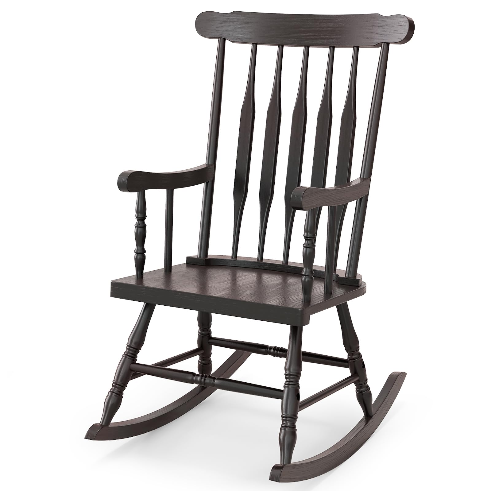 Tangkula Patio Rocking Chair Solid Rubber Wood, Outdoor Porch Rocker Chair with Rubber Wood Frame, Indoor Wooden Rocking Chair, 