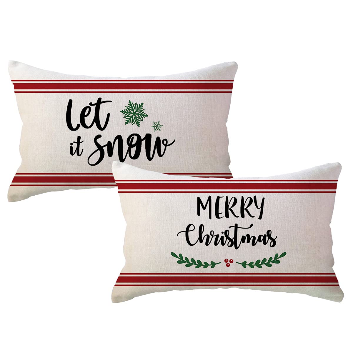 2Pack Christmas Decor Throw Pillow Covers 12x20 Inches Red Striped Let It Snow/Merry Christmas Farmhouse Winter Holiday Decorati