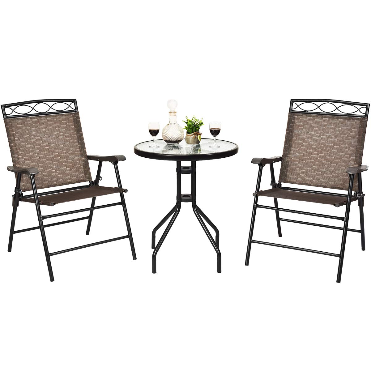 DORTALA 3-Piece Outdoor Indoor Bistro Conversation Set, Patio Pub Dining Set with 2 Folding Chairs & Round Tempered Glass Table,