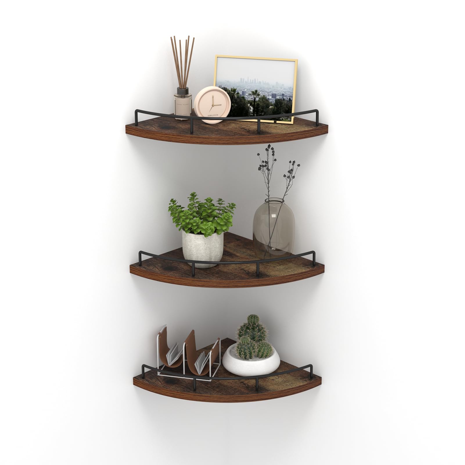 HORLIMER Floating Corner Shelf Wall Mount, Set of 3 Rustic Wood Corner Wall Shelves with Fence for Bedroom, Living Room, Bathroo