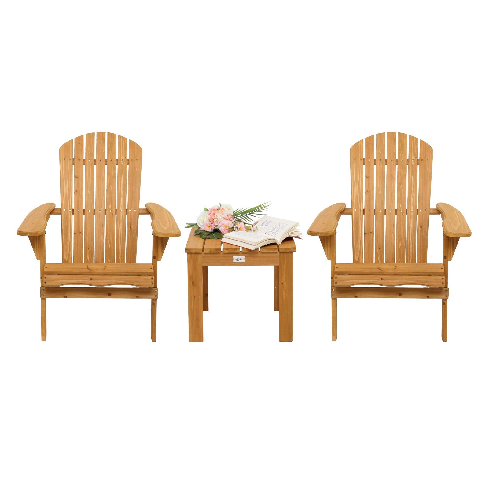 VINGLI Folding Wooden Adirondack Chair Set of 2 and Table Set, Fire Pit Seating Ergonomic Design, Folding Outdoor Patio Lounger 