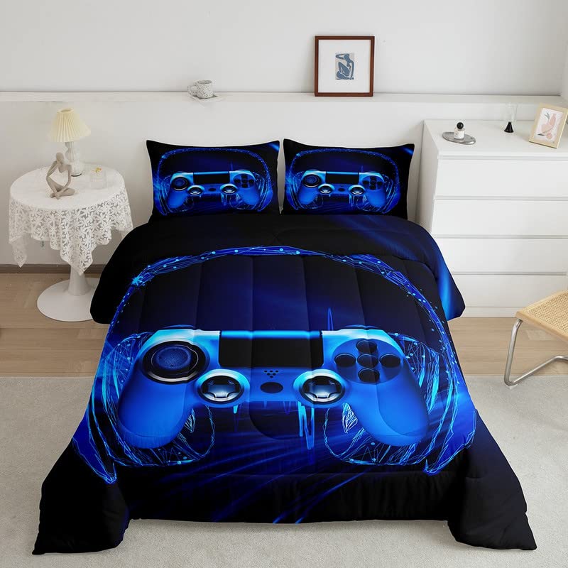 Feelyou Gamer Bedding Set Kids Video Game Gamepad Comforter Set for Boys Teens Gaming Headset Comforter Breathable Blue Game Con
