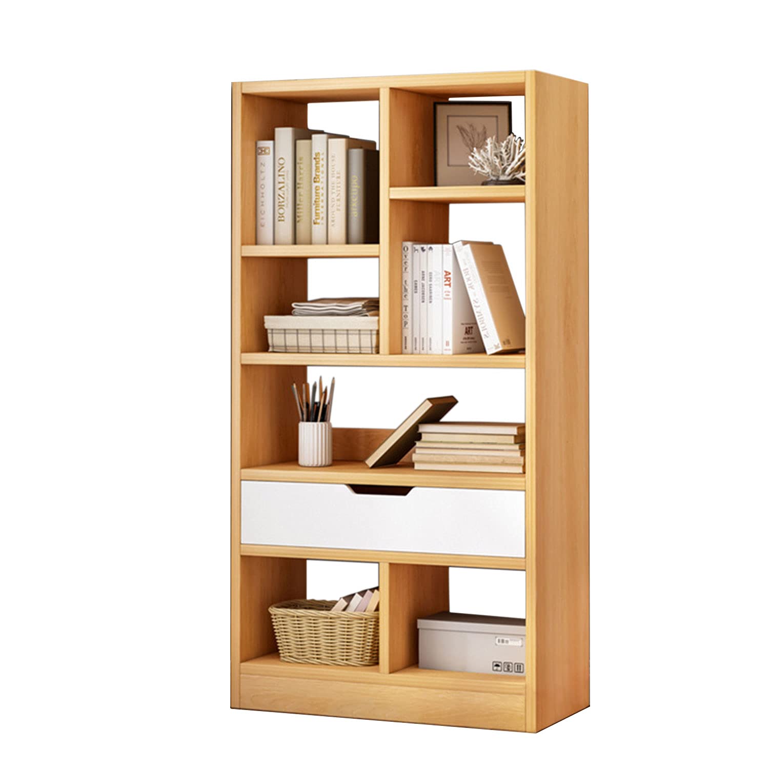 IOTXY Wooden Open Shelf Bookcase - 51 Height Freestanding Display Storage Cabinet Organizer with 7 Cubes and a Drawer, Floor Sta