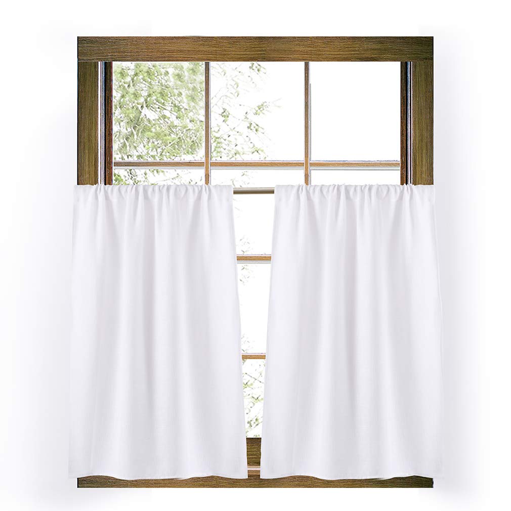 Valea Home Burlap Tier Curtains for Kitchen Rustic Tan Rod Pocket Curtains for Short Window 36 inch Linen Cafe Curtains, White, 