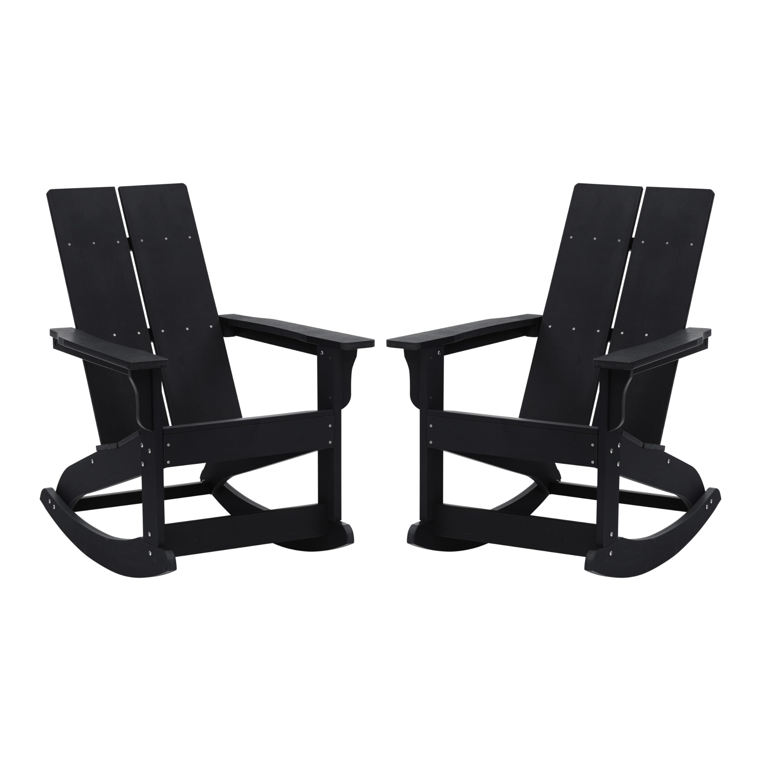 Flash Furniture Finn Modern Commercial Poly Resin Wood Adirondack Rocking Chair - All Weather Black Polystyrene - Dual Slat Back