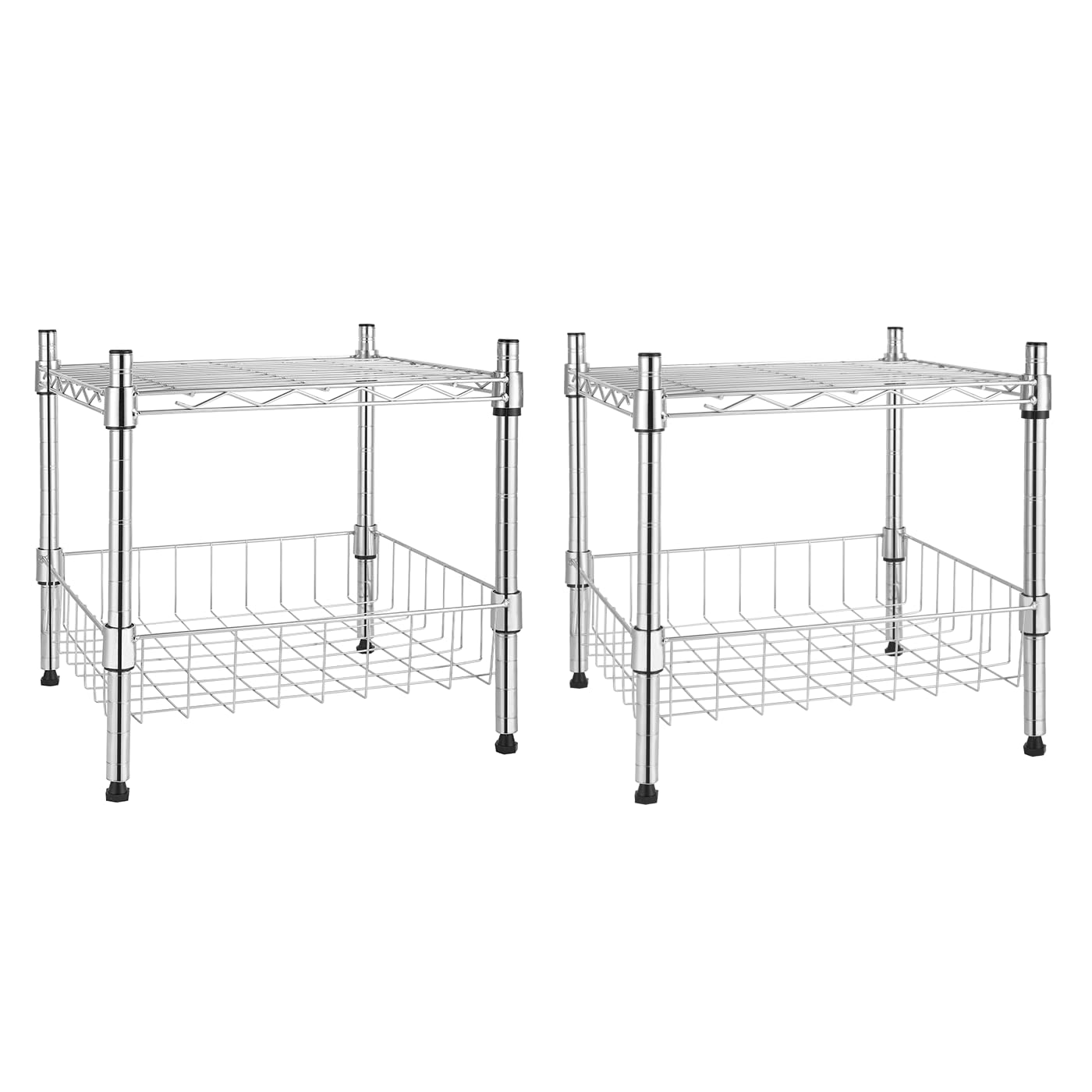 YSSOA 2-Tier Shelving Unit, 15 W x 13.8 D x 15 H Wire Metal Stackable Storage with Basket, Chrome, 2 Pack