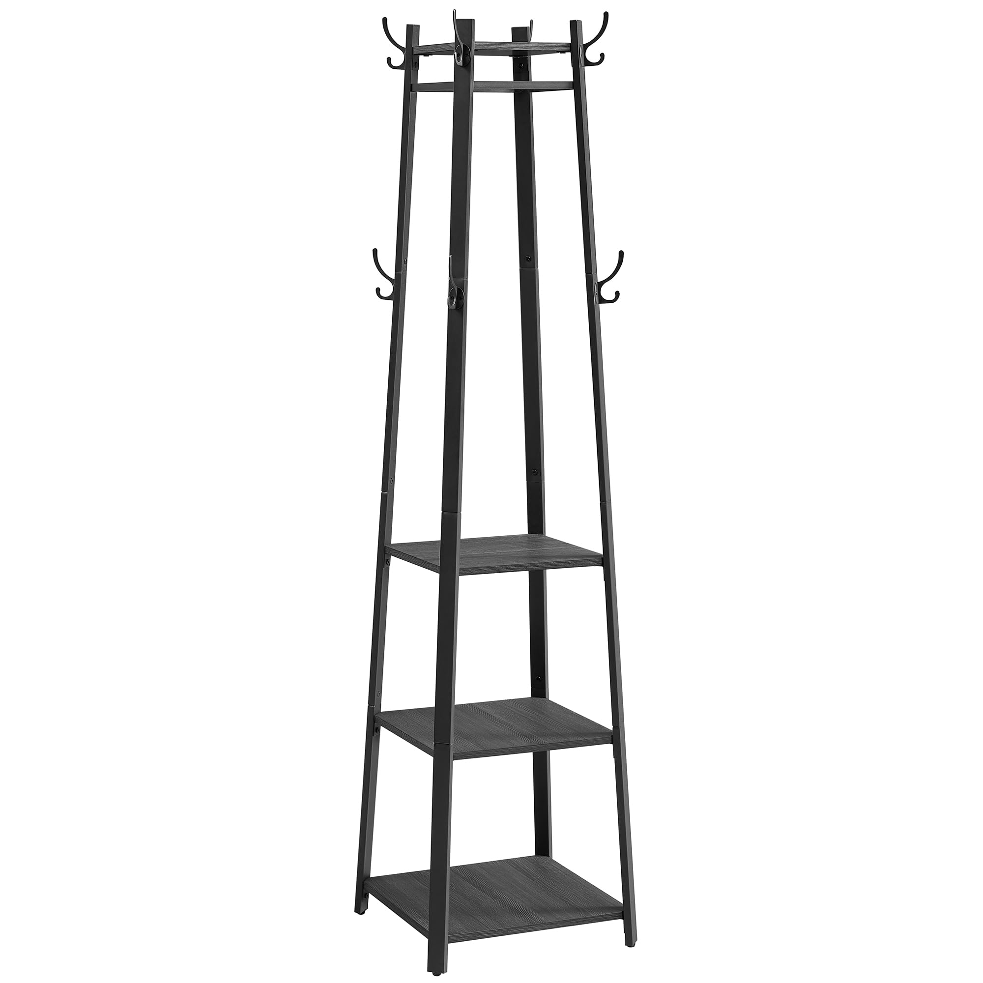 VASAGLE Coat Rack, Coat Stand with 3 Shelves, Hall Tree Free Standing with Hooks for Scarves, Bags, Umbrellas, Steel Frame, Indu