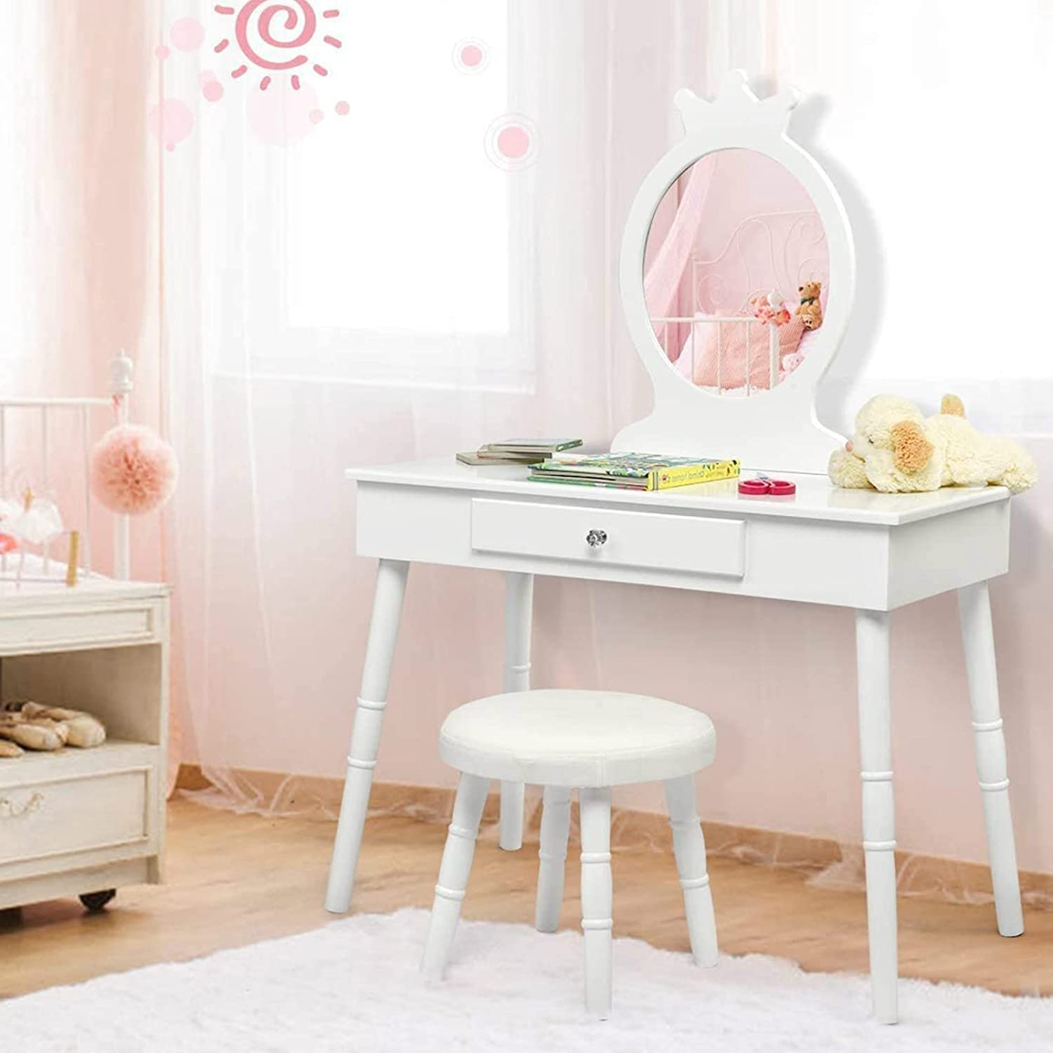 HONEY JOY Kids Vanity, Crown Shape Princess Makeup Dressing Table and Chair Set w/Drawer, Cushioned Toddler Vanity Stool, Real G