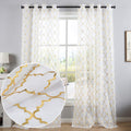 Kotile Gold Moroccan Tile Print Semi Sheer Curtains for Bedroom - Solid White Voile Grommet Top Window Drapes for Kids Room, 52 