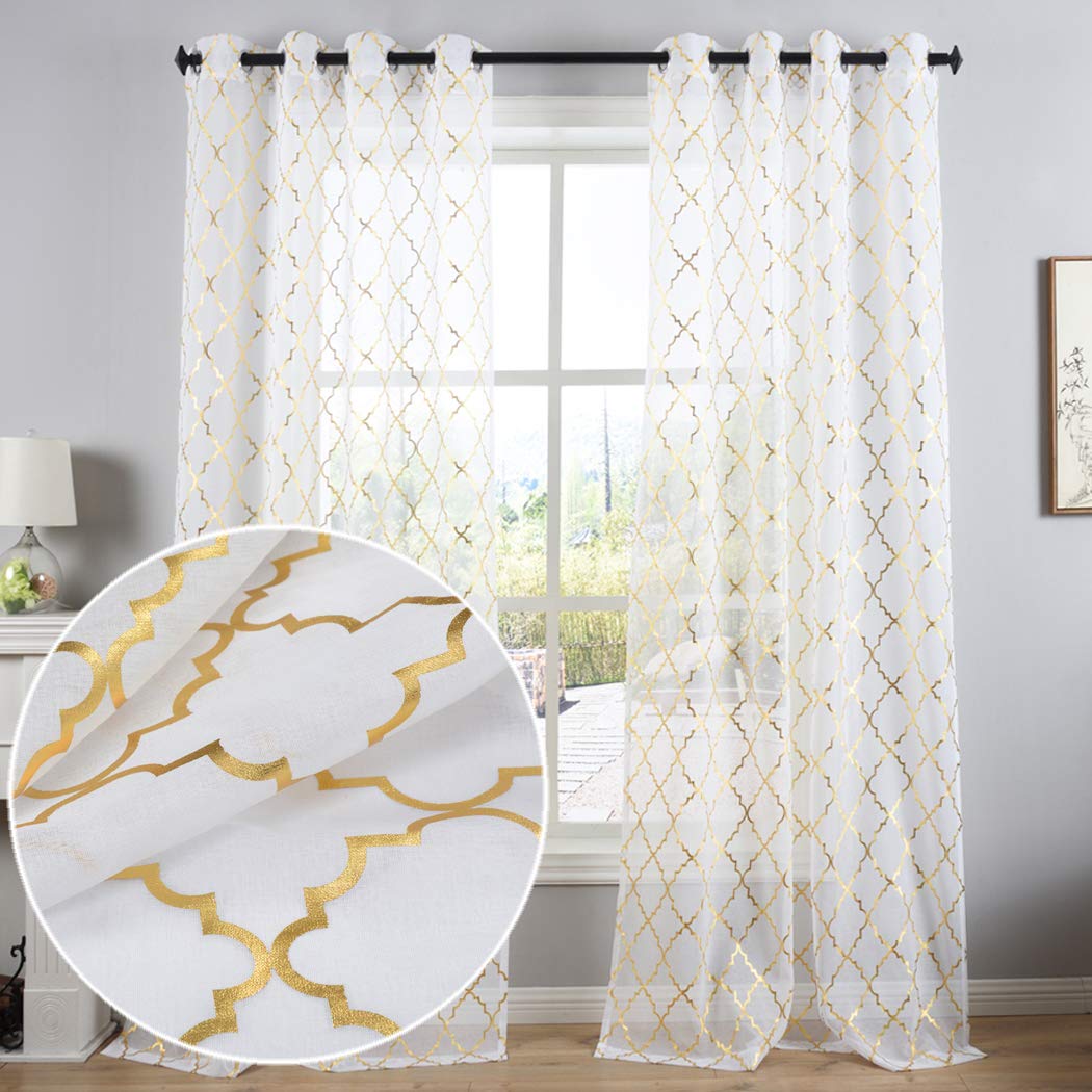 Kotile White Sheer Window Curtains Set of 2 Panels - Gold Moroccan Tile Lattice Pattern Drapes for Living Room, 52 x 95 Inch