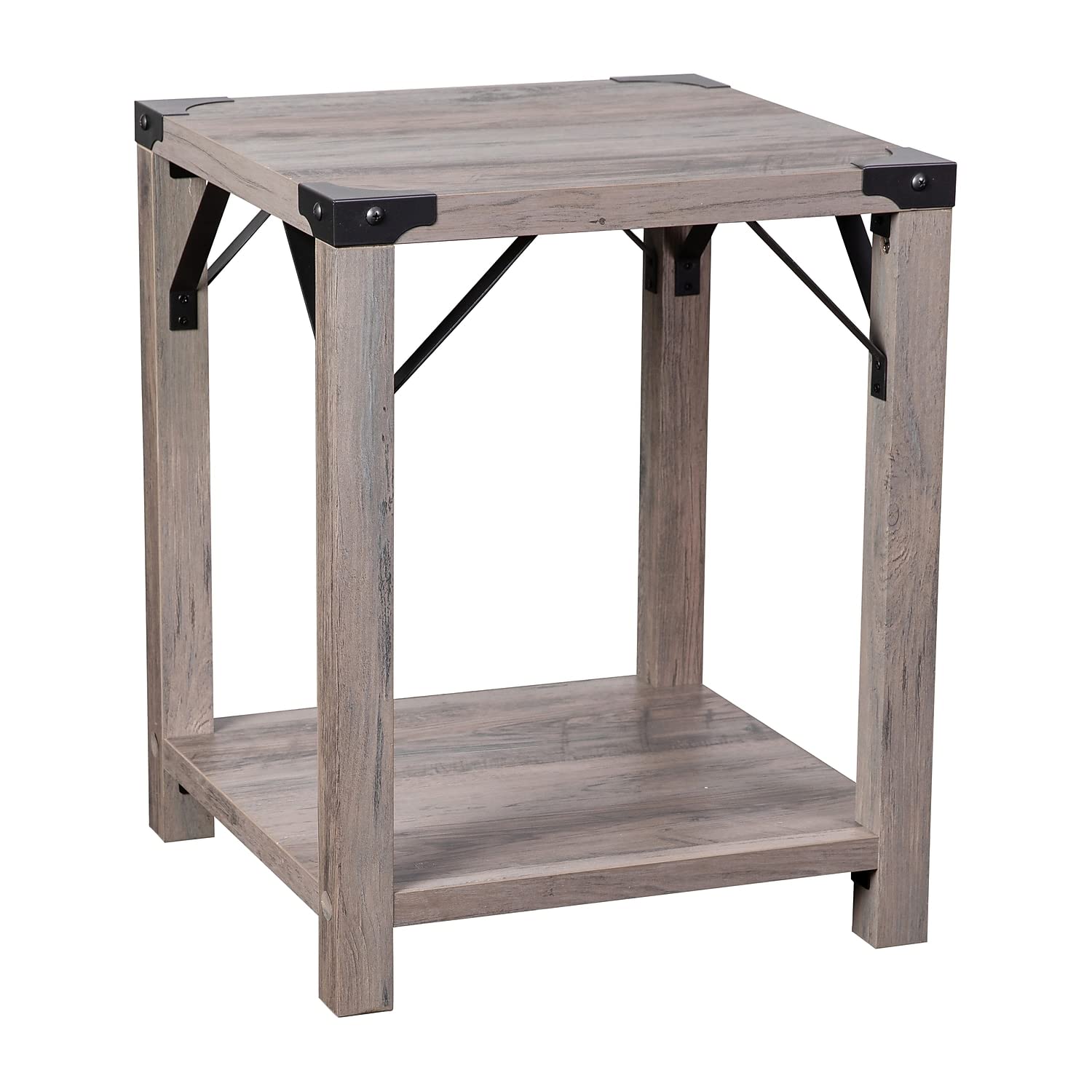 Flash Furniture Wyatt Modern Farmhouse 2 Tier Side Table - Gray Wash Engineered Wood Frame - Black Metal Crisscross Side Braces 