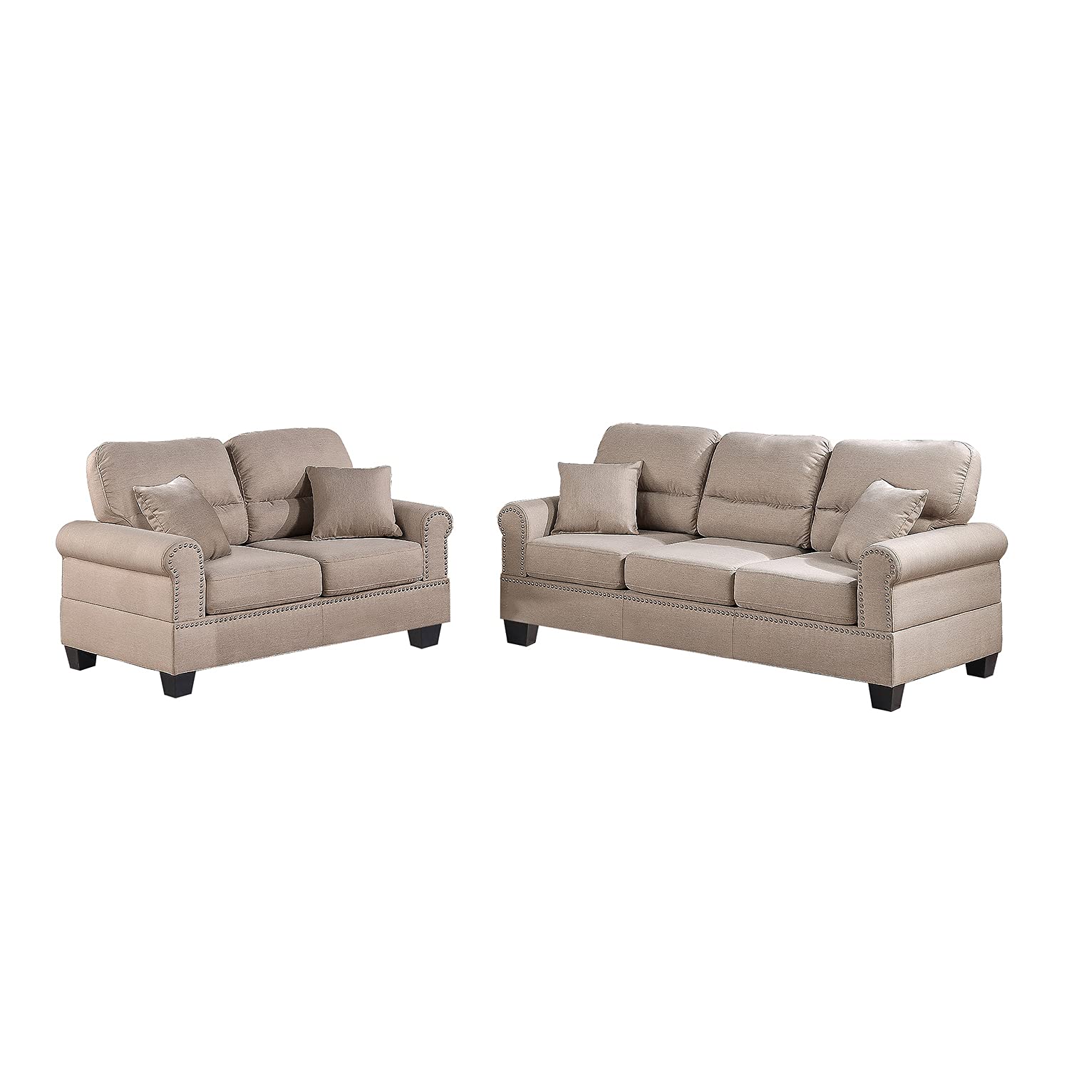 Poundex Bobkona Shelton Linen-Like 2 Piece Sofa and Loveseat Set, Sand