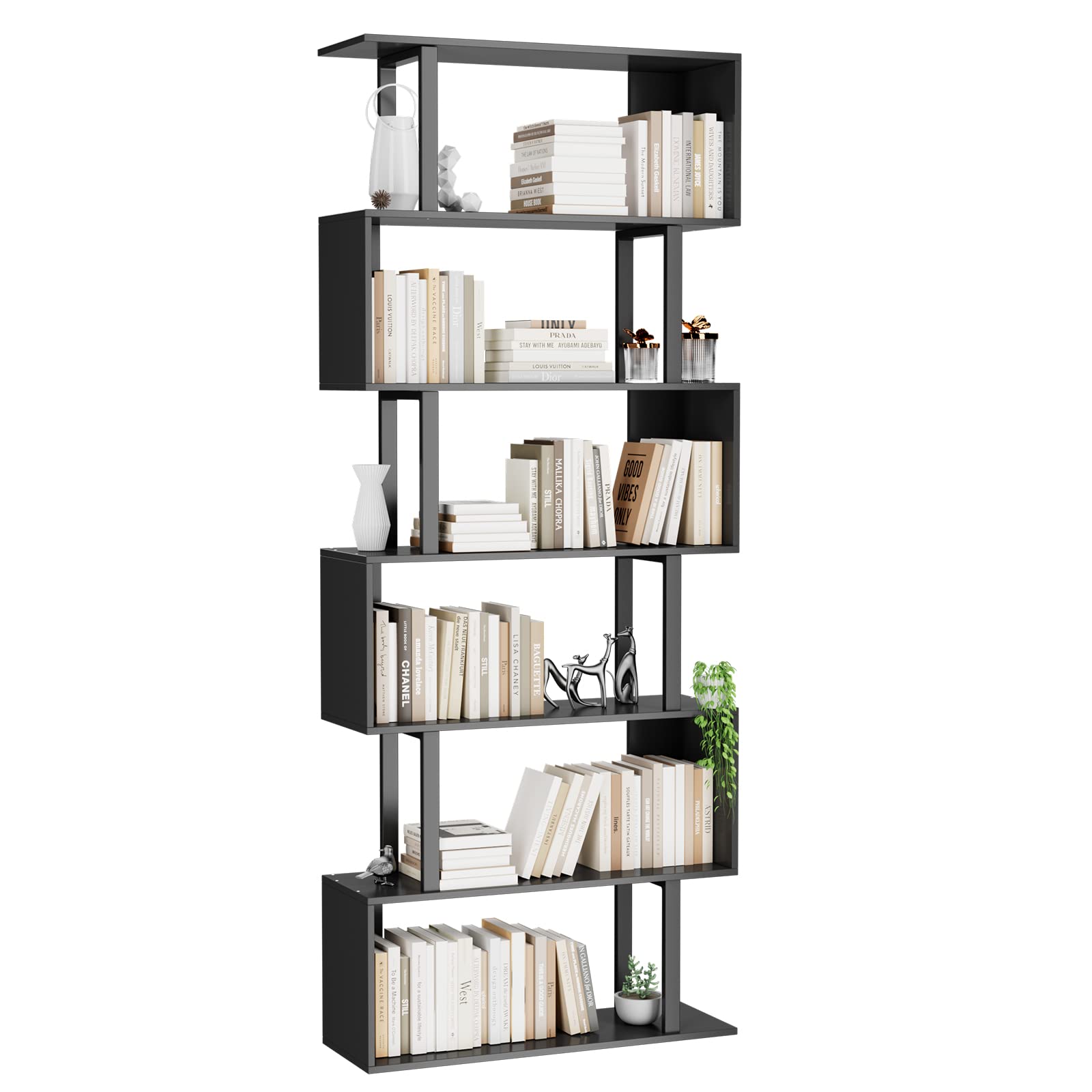 Gadroad 6 Tier Geometric Bookcase, Black Book Shelves, Modern Corner Bookcase Storage Shelf Wood for Bedroom, Living Room, Home 
