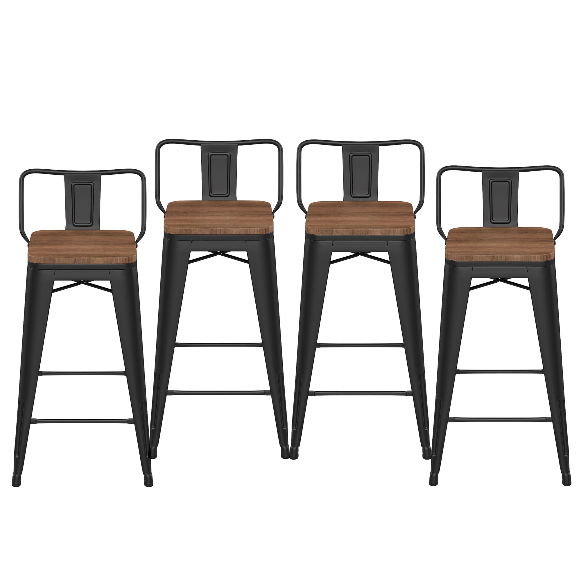 HAOBO Home 26 Low Back Metal Counter Stool Height Bar Stools with Wooden Seat [Set of 4] Barstools, Matte Black