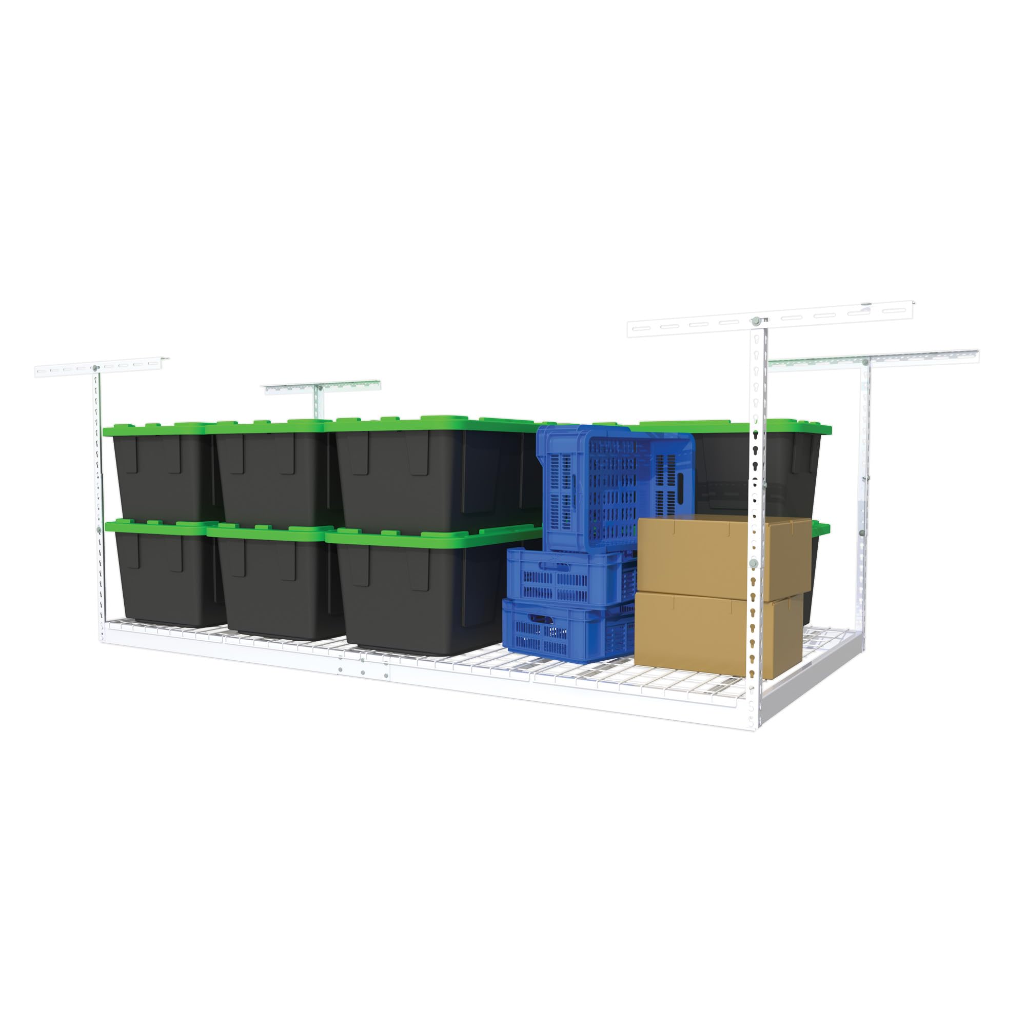 MonsterRax Overhead Garage Storage Rack - 4 x 8 Ceiling Shelving, Adjustable Hanging Racks, Color: White, 24-45 Ceiling Drop.